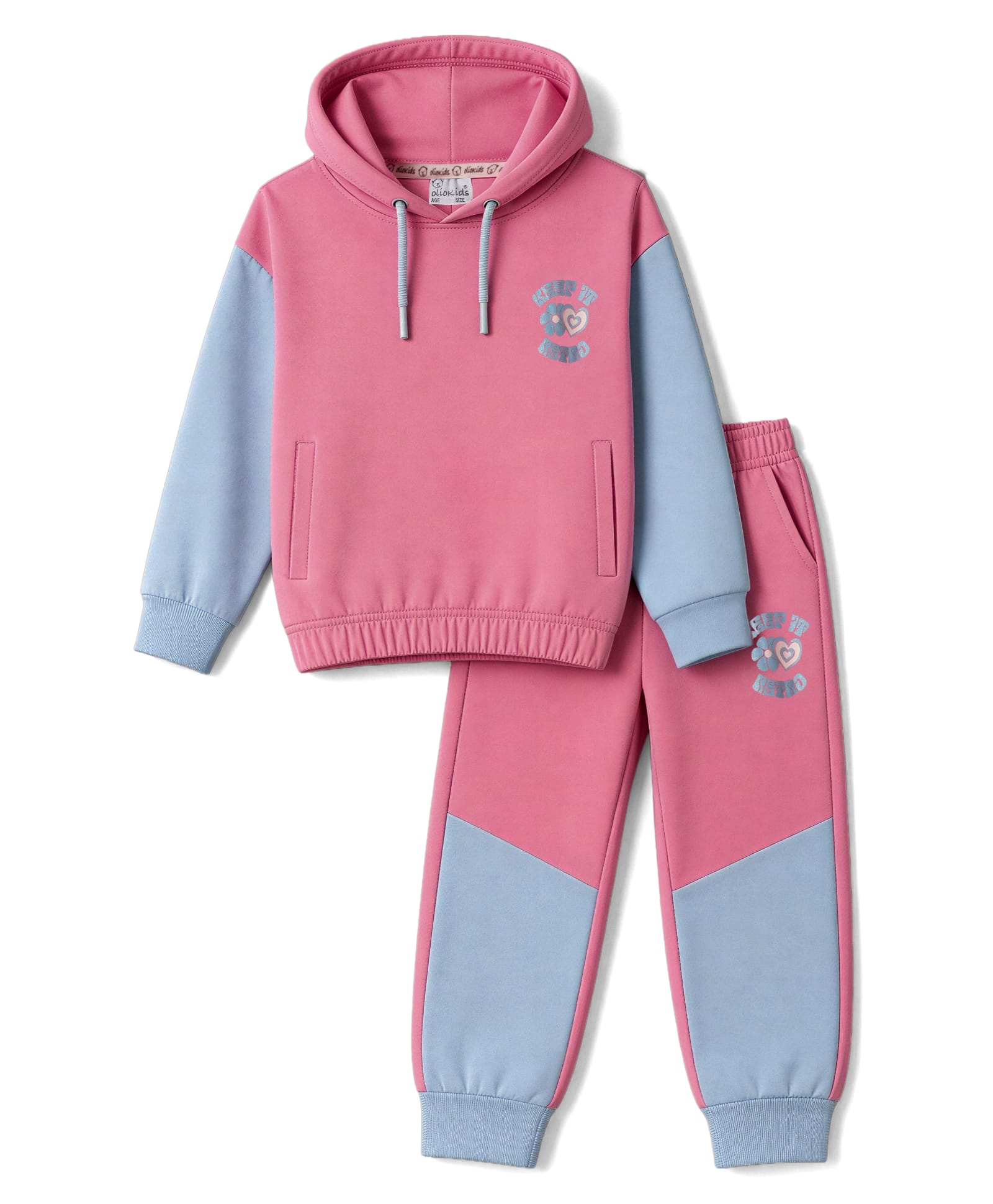 Olio Kids Looper Knit Full Sleeves Hooded T-Shirt & Jogger With Text Print - Pink-picture-17