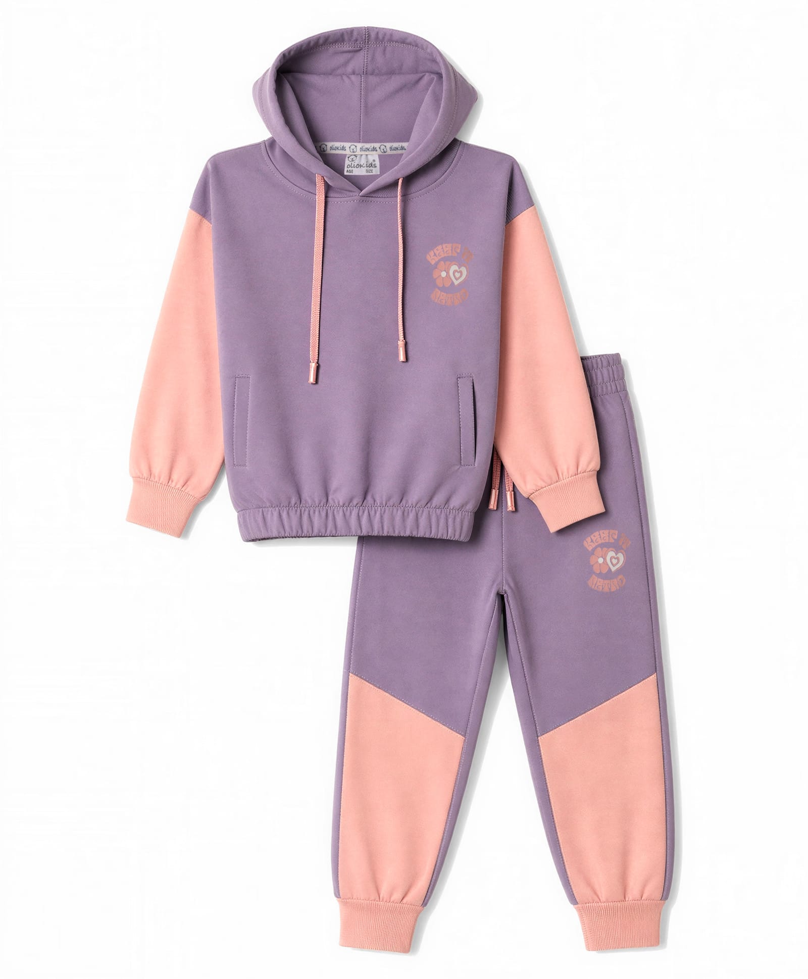 Olio Kids Looper Knit Full Sleeves Hooded T-Shirt & Jogger With Text Print - Purple-image-10