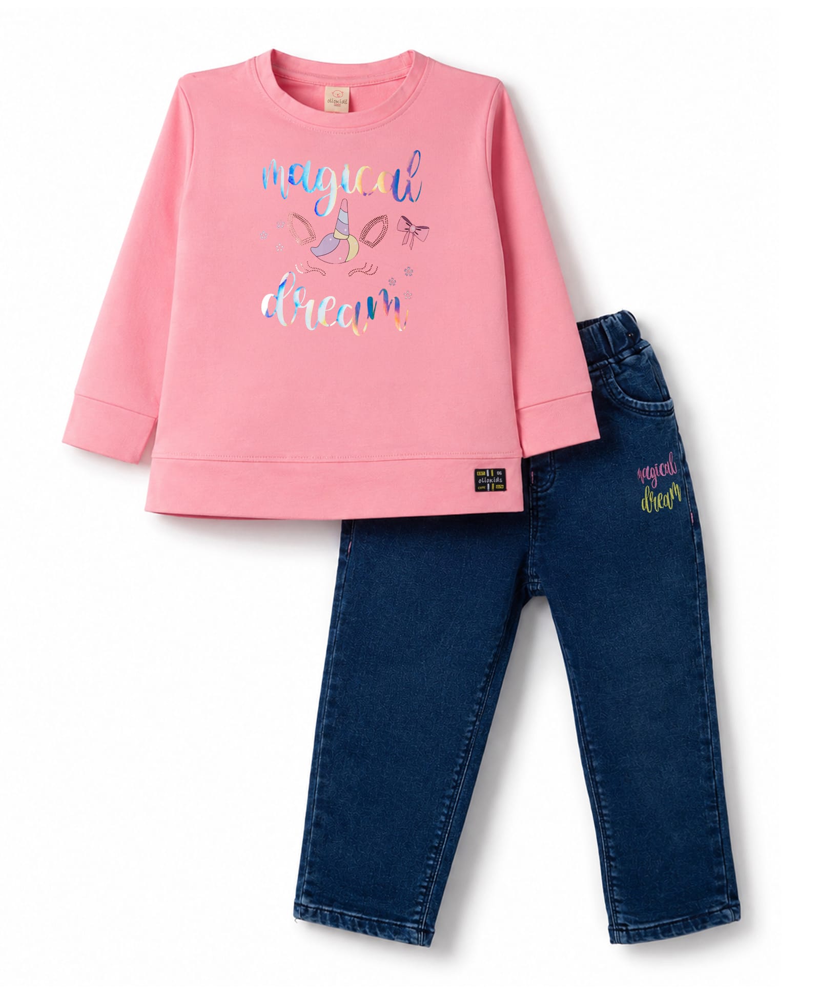 Olio Kids Looper Knit Full Sleeves Text Foil & Unicorn Theme Printed T-Shirt & Pant Set - Pink & Navy Blue-picture-25