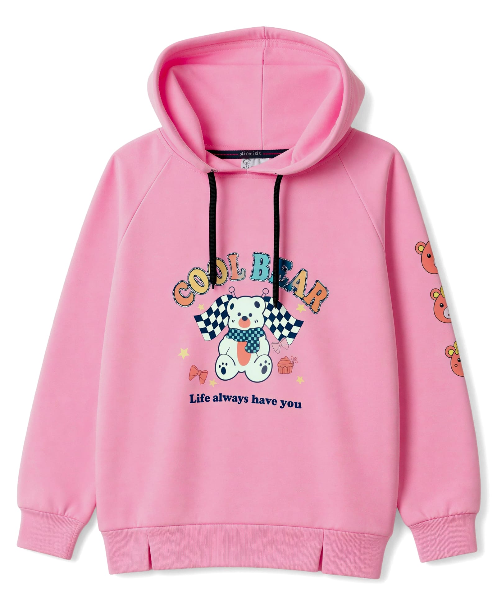 Olio Kids Looper Knit Full Sleeves Hooded Winter T-Shirt Bear Print-Pink-picture-14