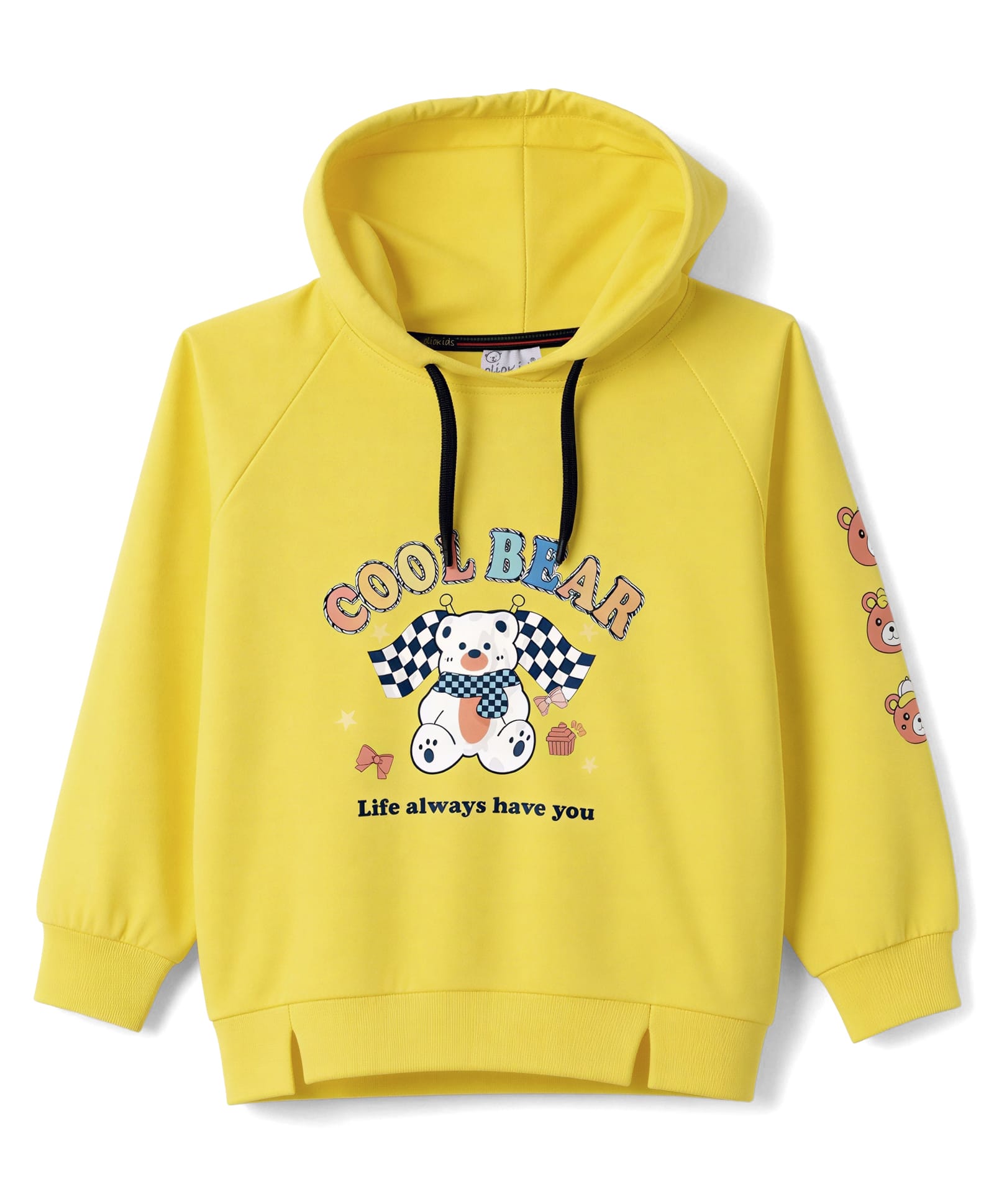 Olio Kids Looper Knit Full Sleeves Hooded Winter T-Shirt Bear Print- Light Yellow-image-17