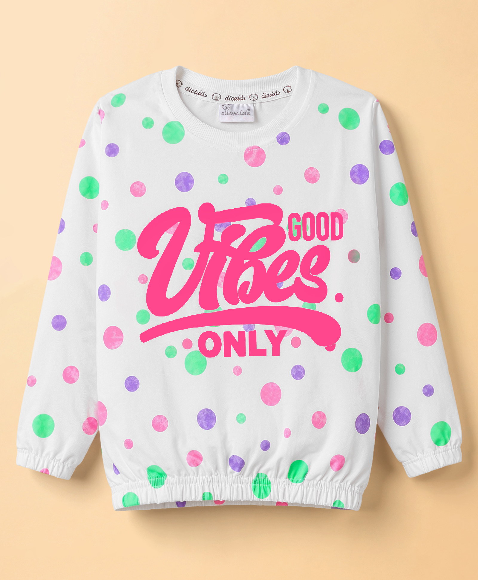 Olio Kids Looper Knit Full Sleeves Winter Wear T-Shirt With Polka Dots & Text Prints - White & Pink-picture-25