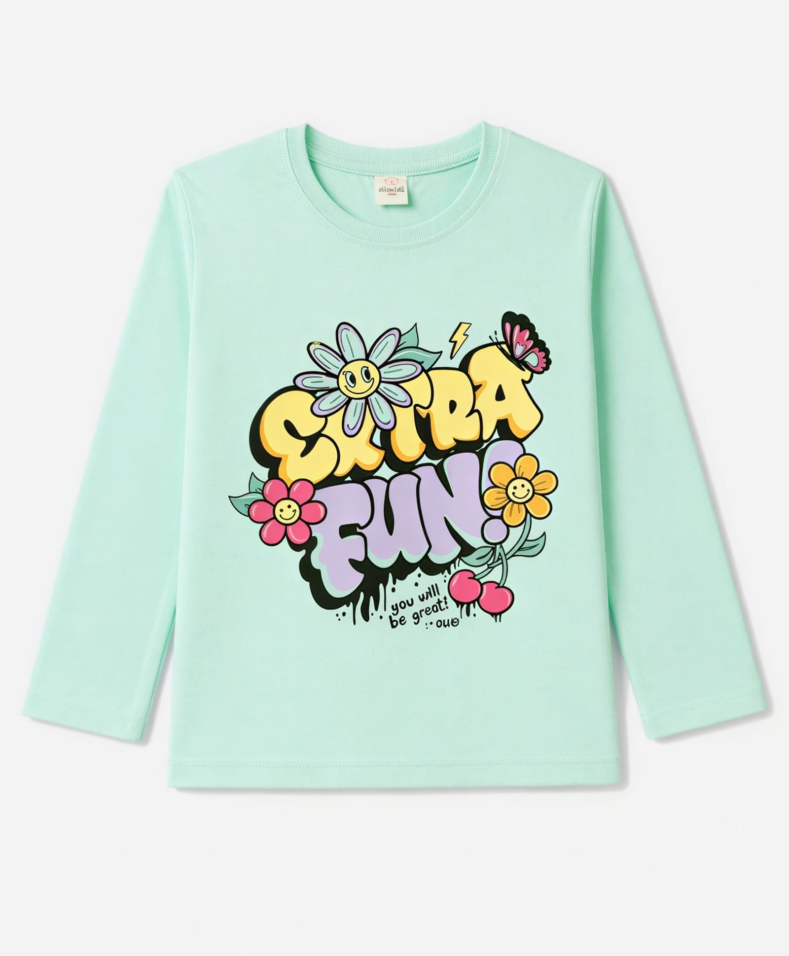 Olio Kids Looper Knit Full Sleeves Winter Wear T-Shirt With Text Print - Sea Green-picture-37