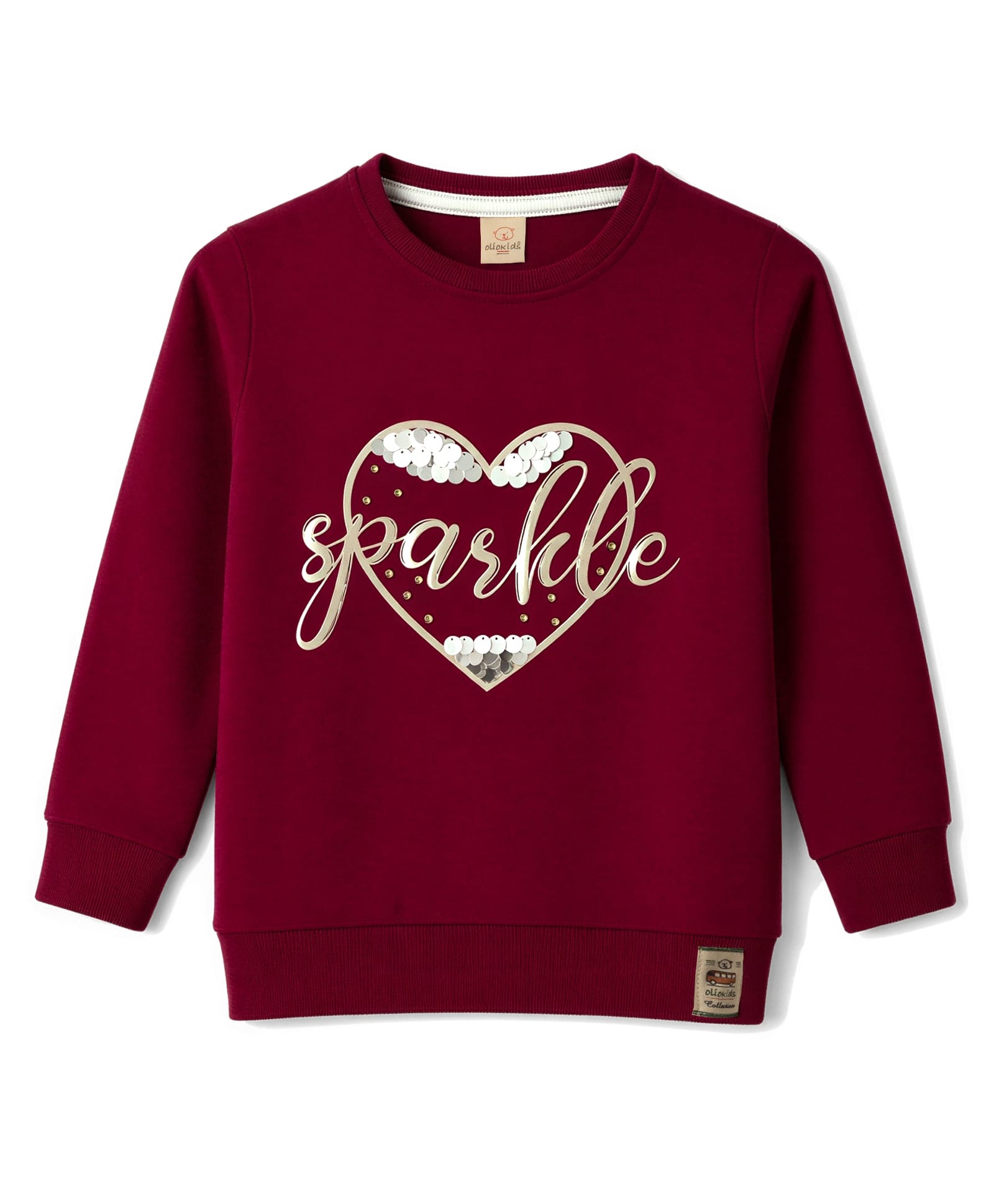 Olio Kids Looper Knit Full Sleeves Winter Embellished T-Shirt with Sparkle Print - Maroon-image-38