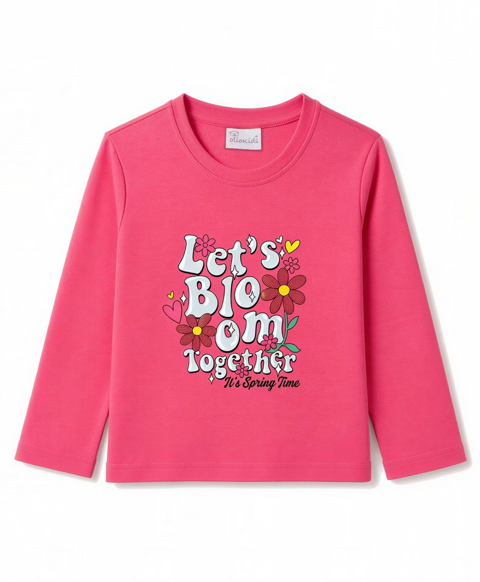 Olio Kids Looper Knit Full Sleeves Winter Wear Floral T-Shirt With Text Print - Dark Pink-picture-42