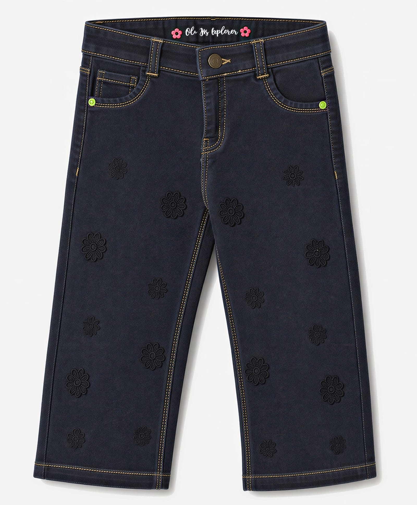 Olio Kids Denim Woven Full Length Jeans with Self Floral Embroidered Design - Black-picture-34