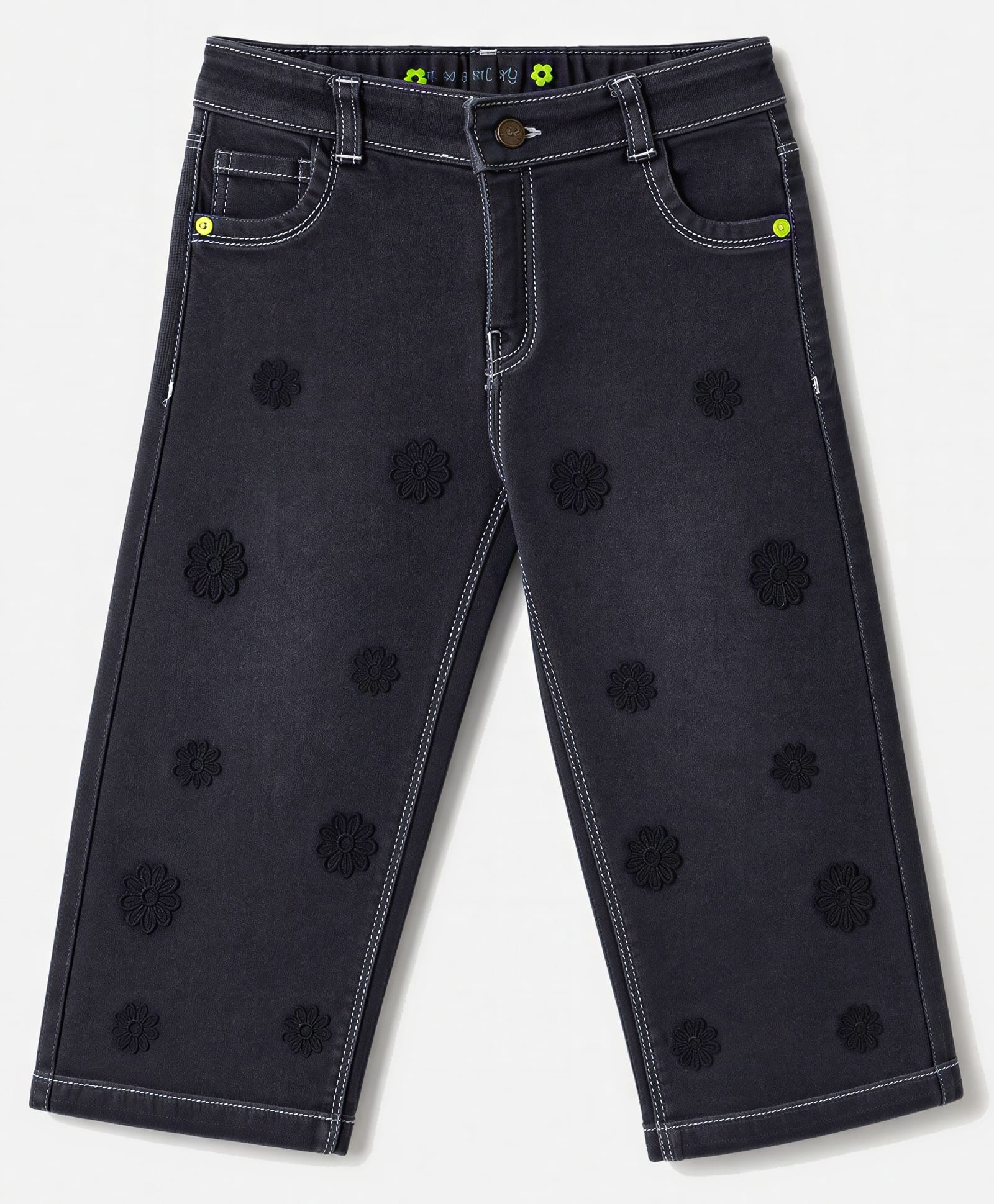Olio Kids Denim Woven Full Length Jeans with Self Floral Embroidered Design - Black-picture-17