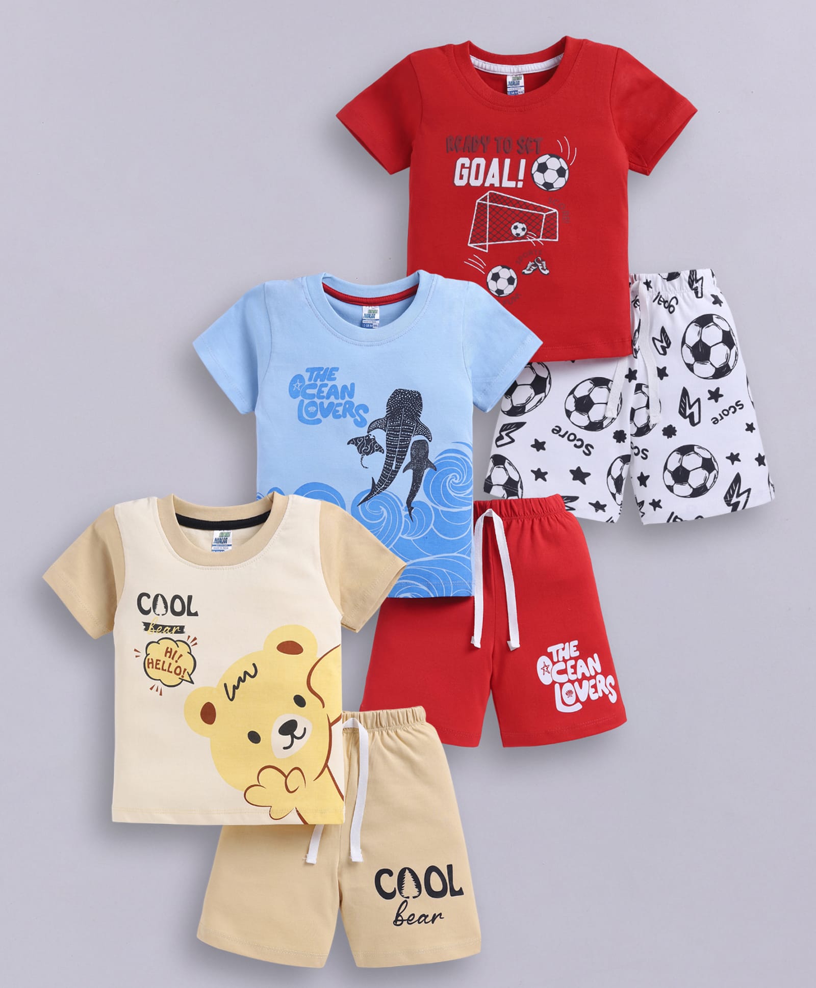Little Ninja Cotton Knit Pack Of 3 Half Sleeves Animals & Sea Life Printed Tees & Shorts Set - Multi Colour-picture-30