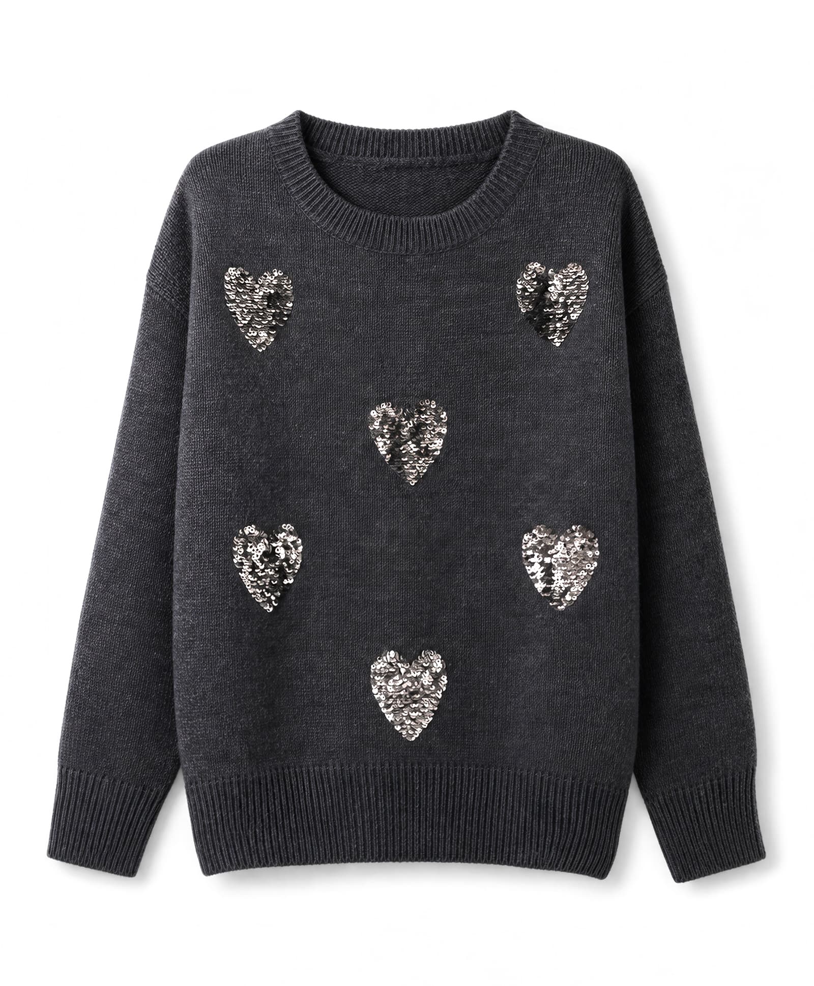 Primo Gino Cotton Blend Full Sleeve Sweater With Heart Shape Sequins Embroidery in Front- Dark Grey-image-10