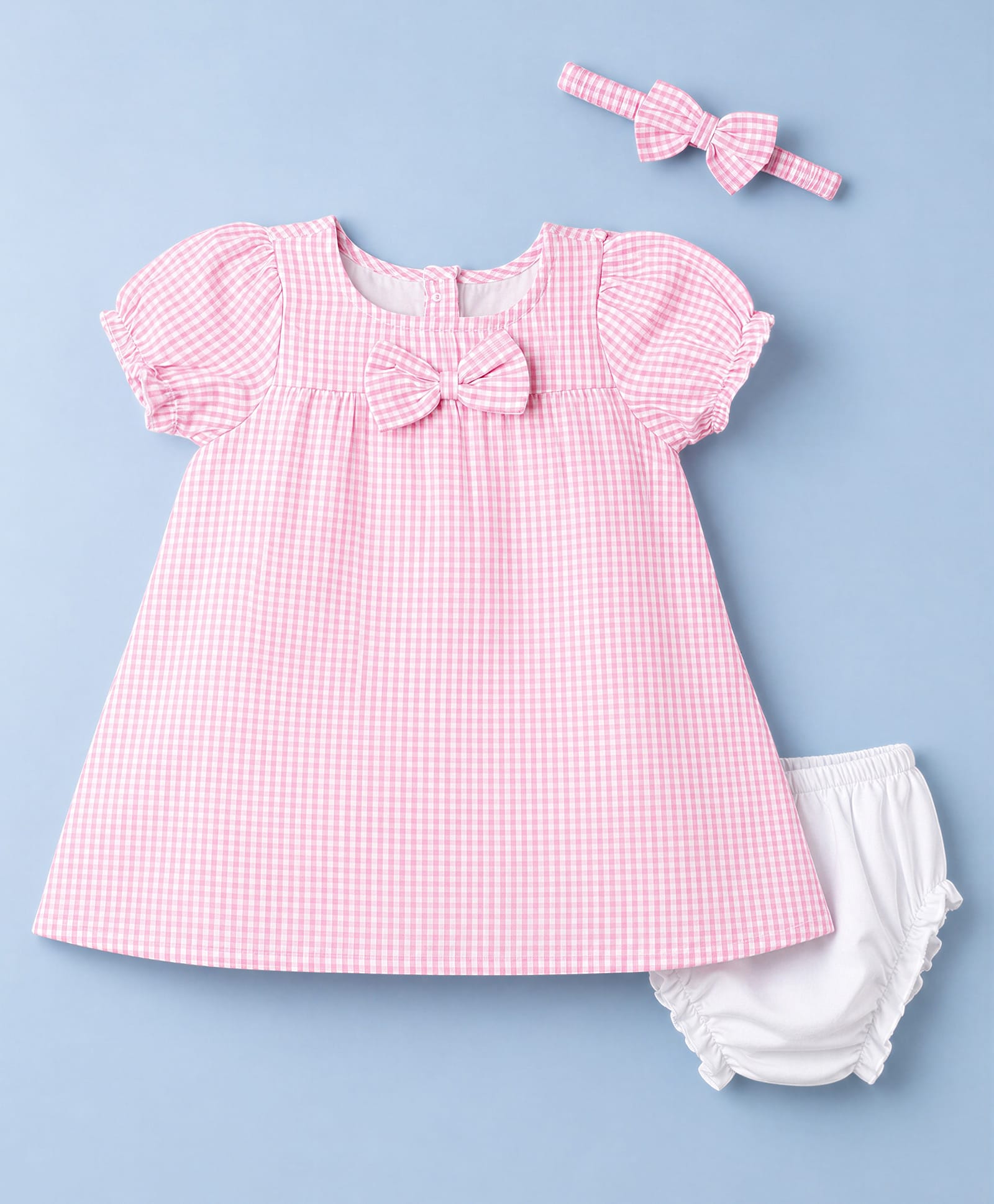 Babyhug Woven Half Puffed Sleeves Checkered Frock with Bloomer & Headband - Pink-image-47