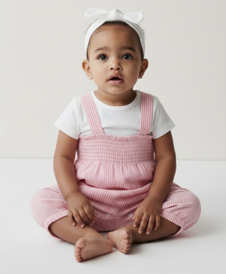 pattuti Seer Sucker Woven Striped Dungaree With Half Sleeves Tee & Headband Set - Light Pink-picture-19
