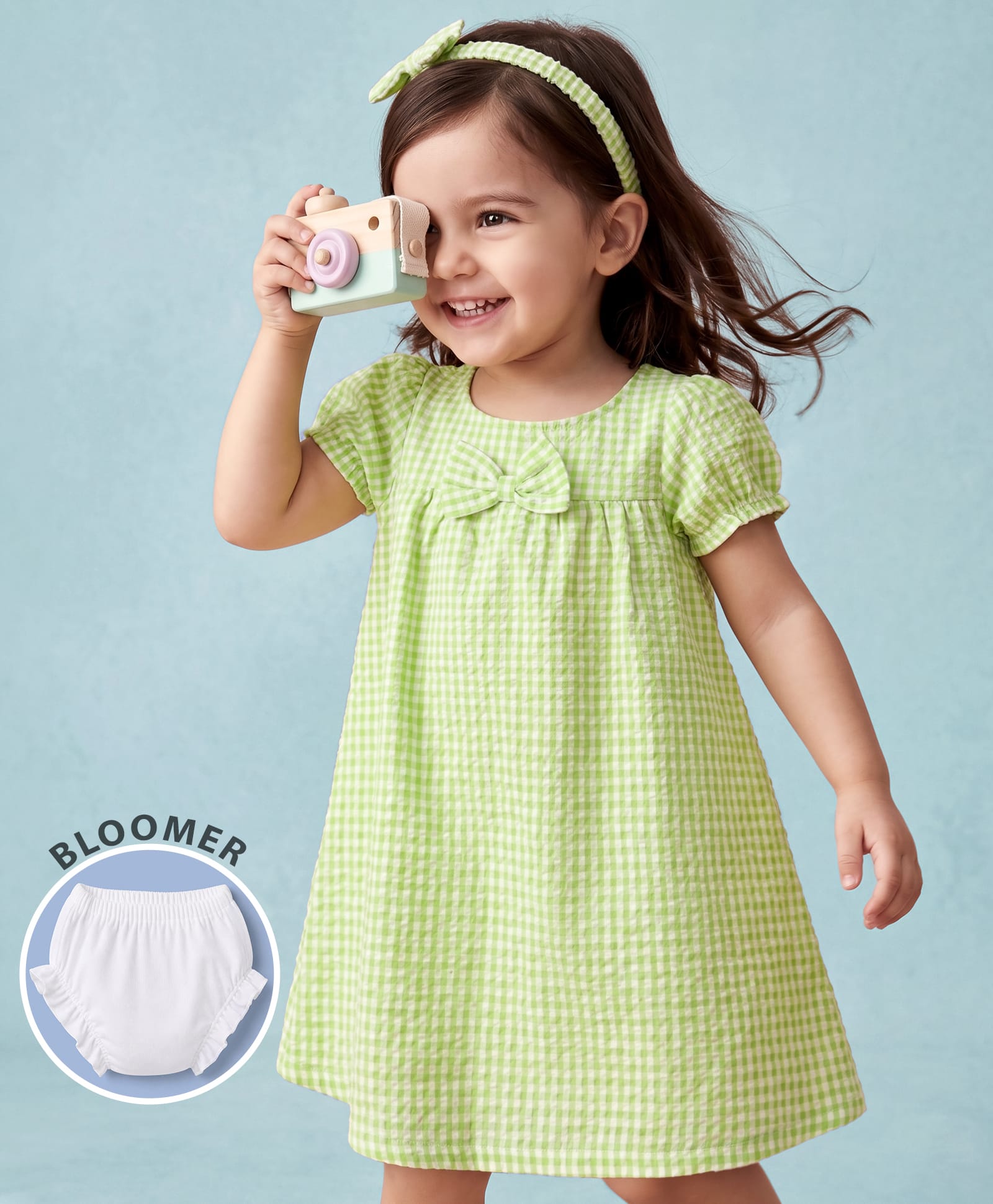 Babyhug Cotton Woven Half Sleeves Checked Frock with Bloomer & Bow Applique - Green-picture-11