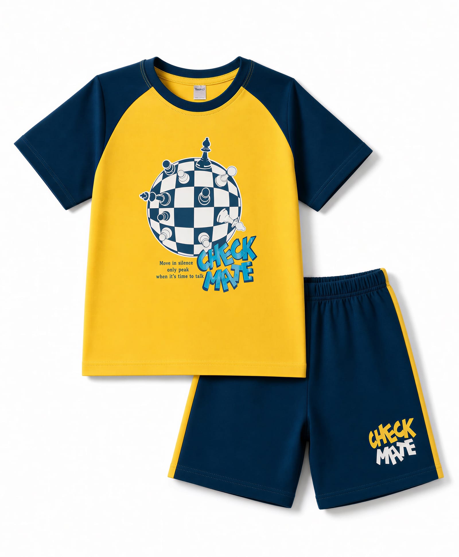 Taeko Single Jersey Raglan Half Sleeves T-Shirt and Shorts Set with Chess Print - Yellow-picture-20
