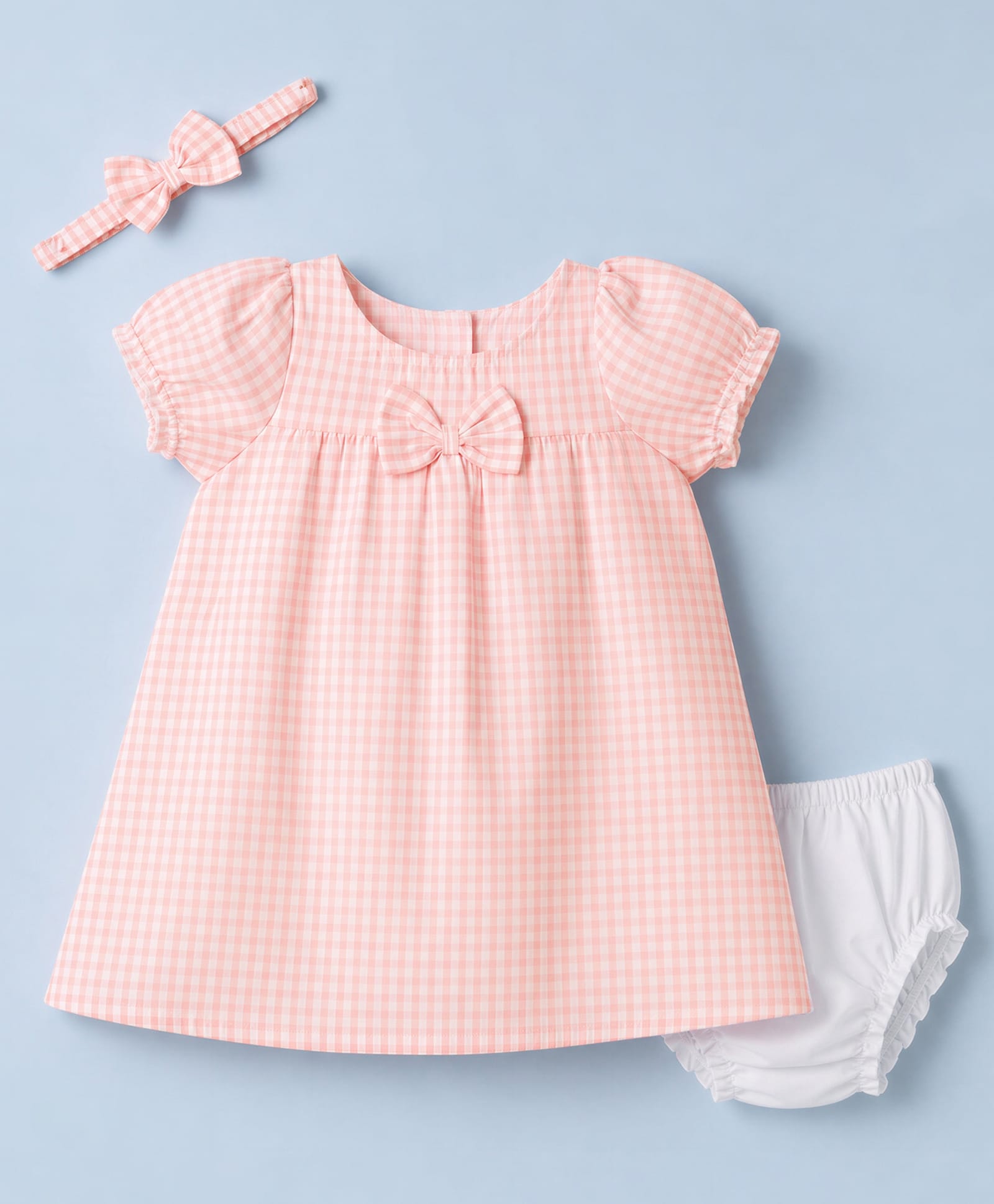 Babyhug Woven Half Sleeves Checked Frock With Bloomer & Bow Applique & Headband - Peach-image-47