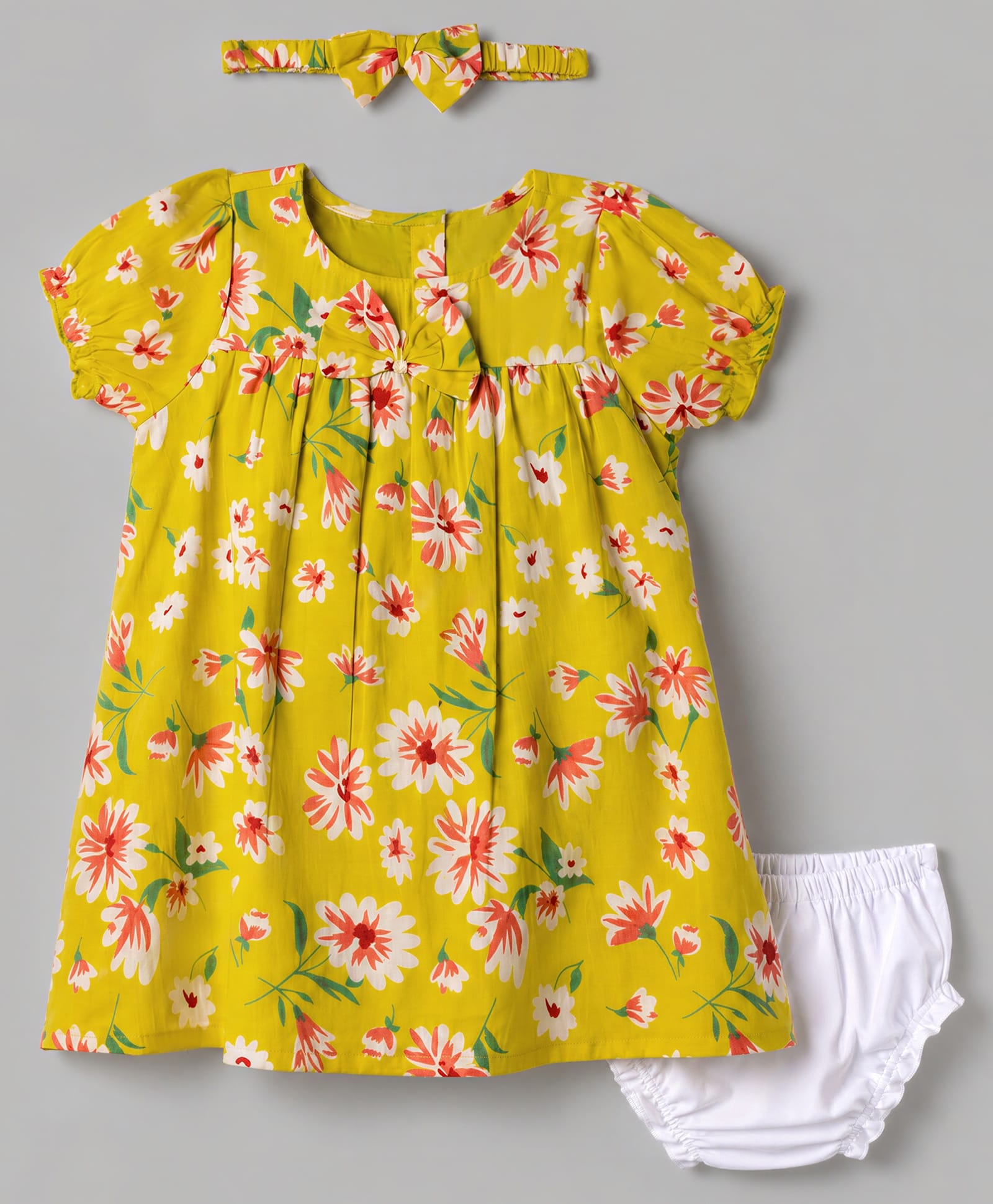 Babyhug Woven Half Sleeves Floral Printed Dress with Bloomer & Head Band - Lime Green-image-41