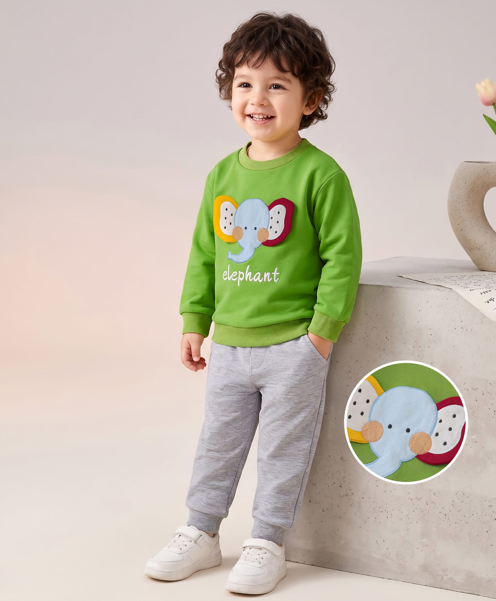 Mark & Mia Full Sleeves Hooded Winter Wear Suit With Elephant Applique & Embroidery - Green & Grey-image-30