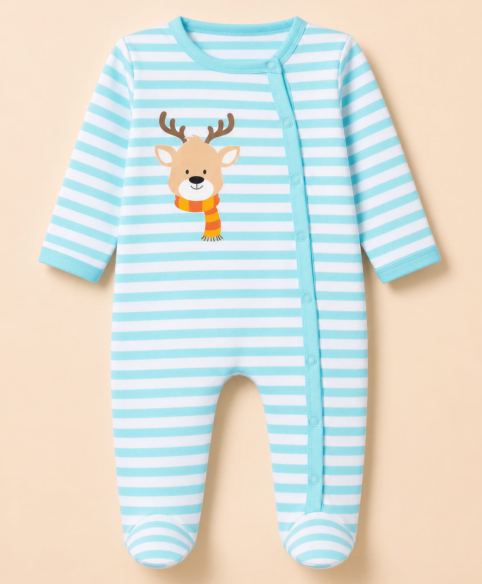 Babyhug Cotton Knit Full Sleeves Striped Sleepsuit with Deer Print - Sky Blue-image-47
