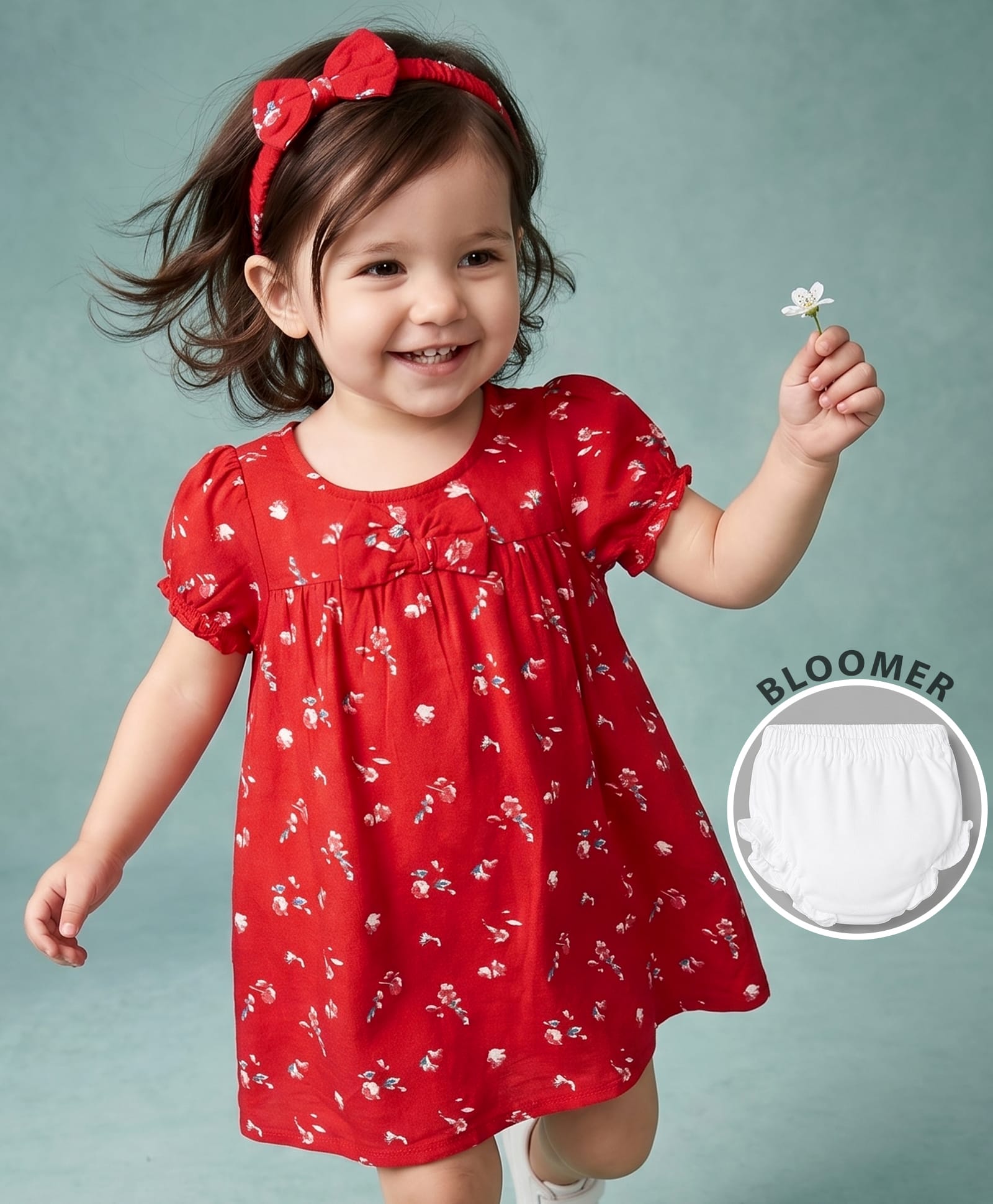 Babyhug Cotton Woven Frock, Bloomer and Headband with Half Sleeves and Floral Print - Red-picture-10