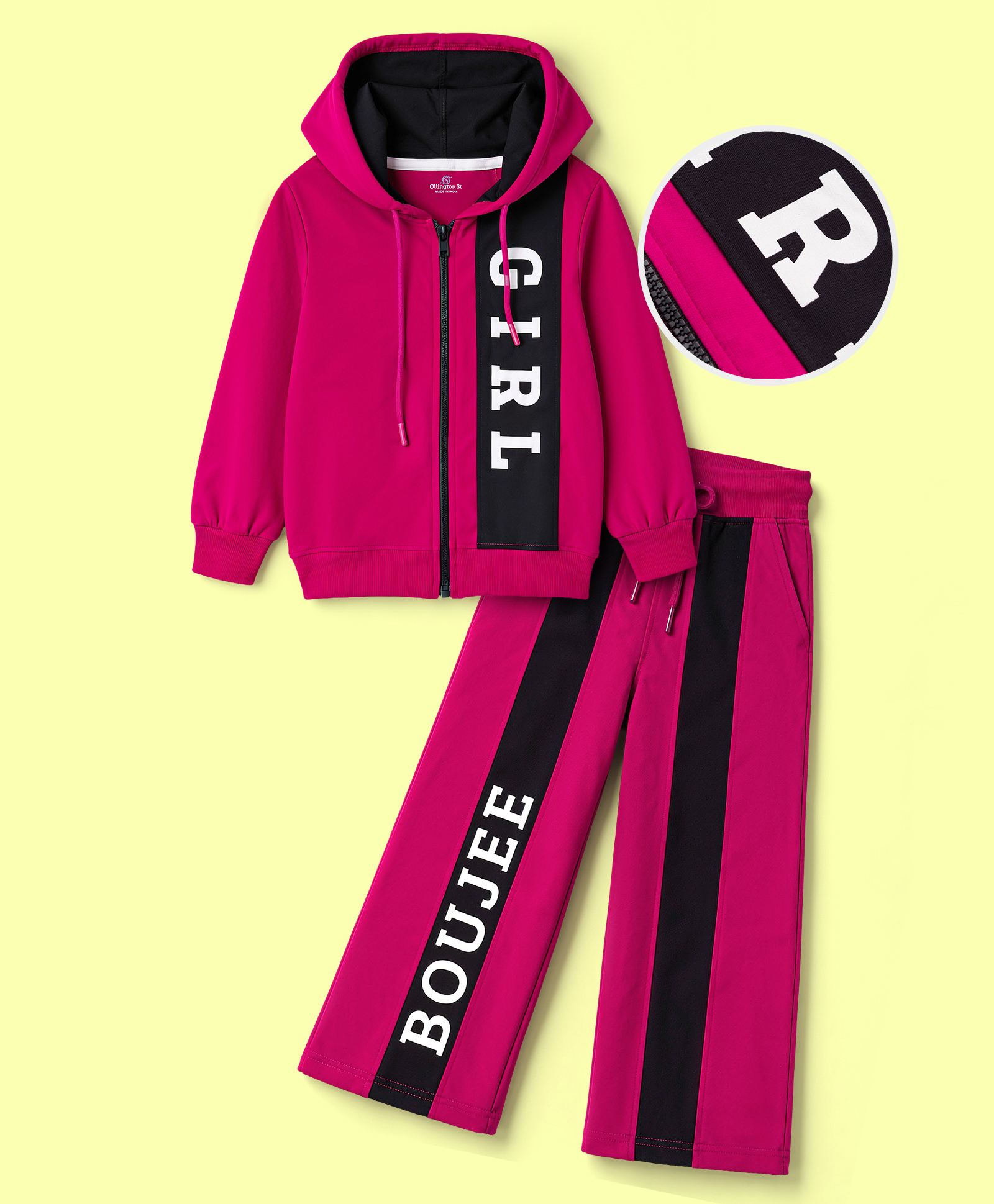 Ollington St. Looper Knit Full Sleeves Text Printed Hooded Winter Wear Sweatshirt & Lounge Pant Set - Dark Pink-picture-11