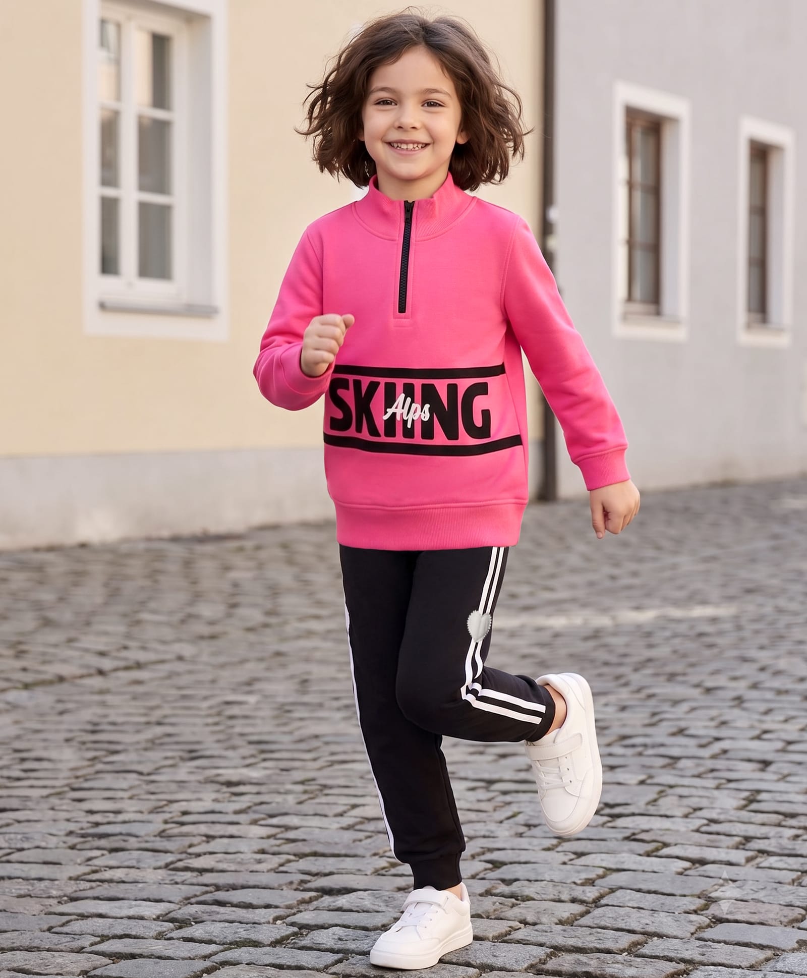 OLLINGTON ST. Looper Knit Full Sleeve Winter Wear Sweatshirt & Joggers Set with Text Print - Pink & Black-image-30