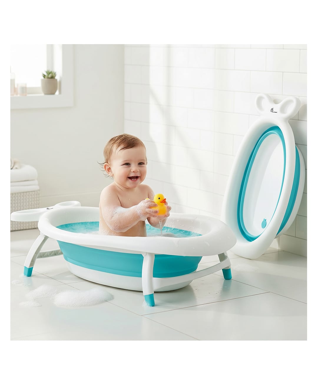 R For Rabbit Bubble Double Finzy Baby Bathtub | Foldable Cocoon Design | Anti-Skid Base & Drain Plug - White & Blue-picture-11