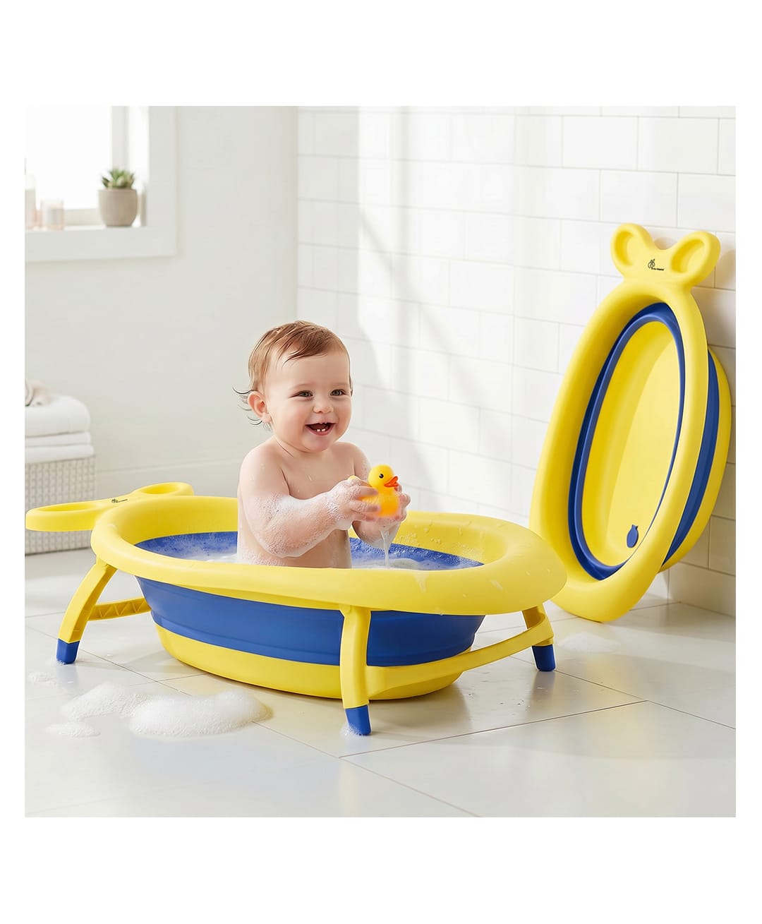 R For Rabbit Bubble Double Finzy Baby Bathtub | Foldable Cocoon Design | Anti-Skid Base & Drain Plug - Yellow & Blue-picture-12
