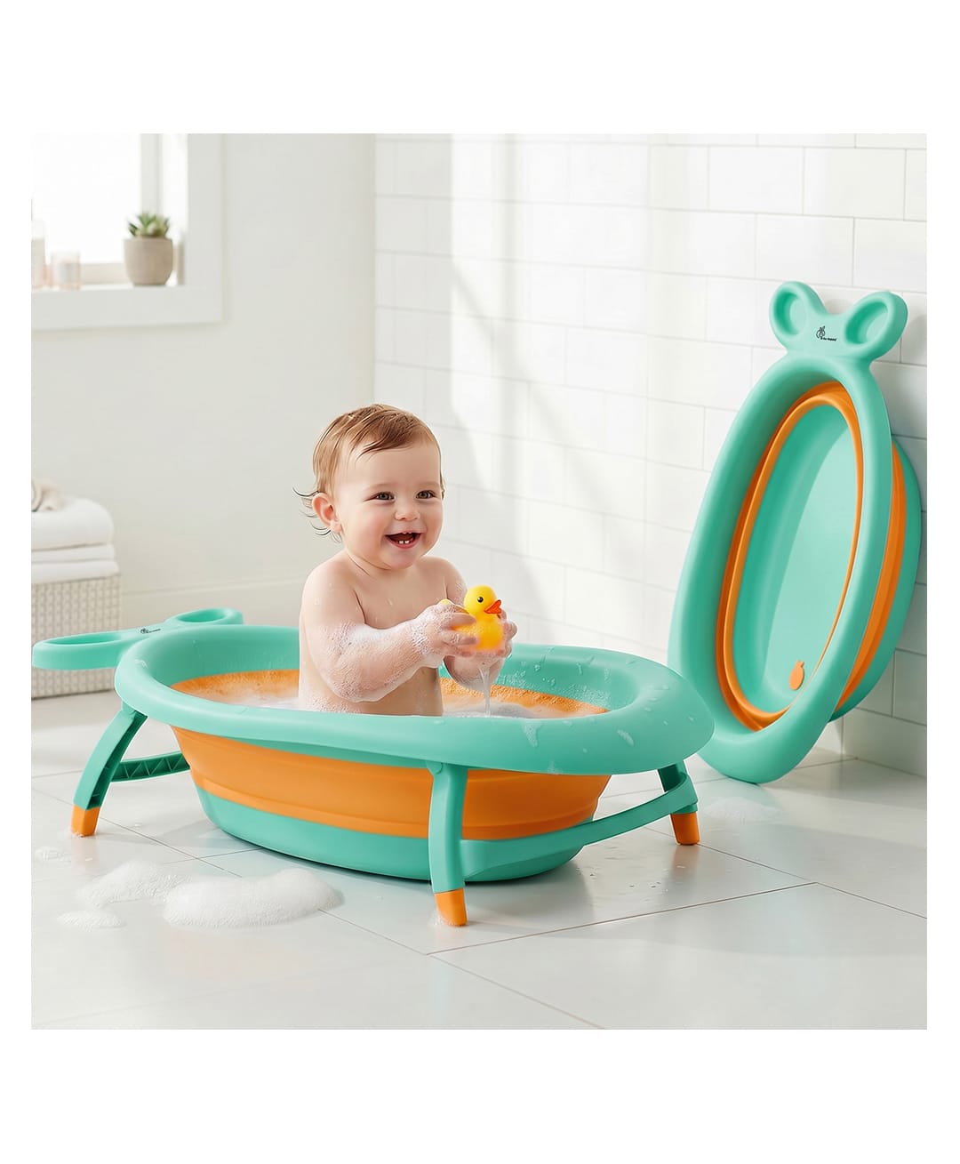 R For Rabbit Bubble Double Finzy Baby Bathtub | Foldable Cocoon Design | Anti-Skid Base & Drain Plug - Green & Orange-picture-13