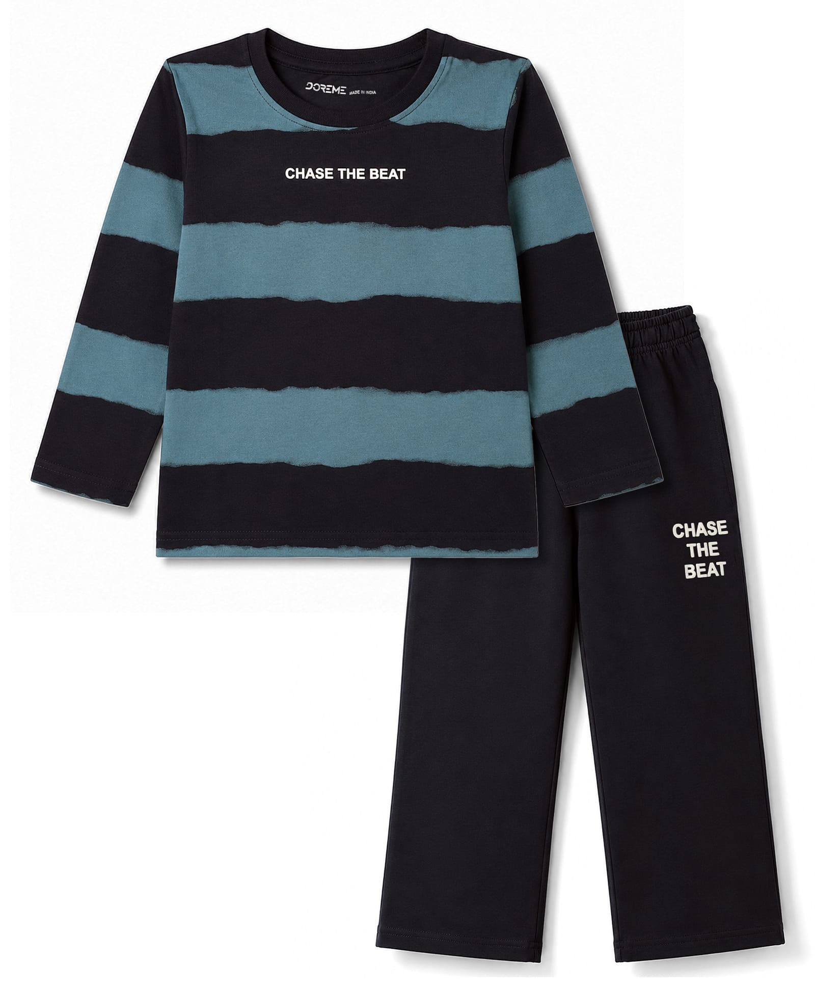 Doreme Terry Knit Full Sleeves Striped T-Shirt & Pant Set with Chase the Beat Text Print - Navy Blue-picture-37