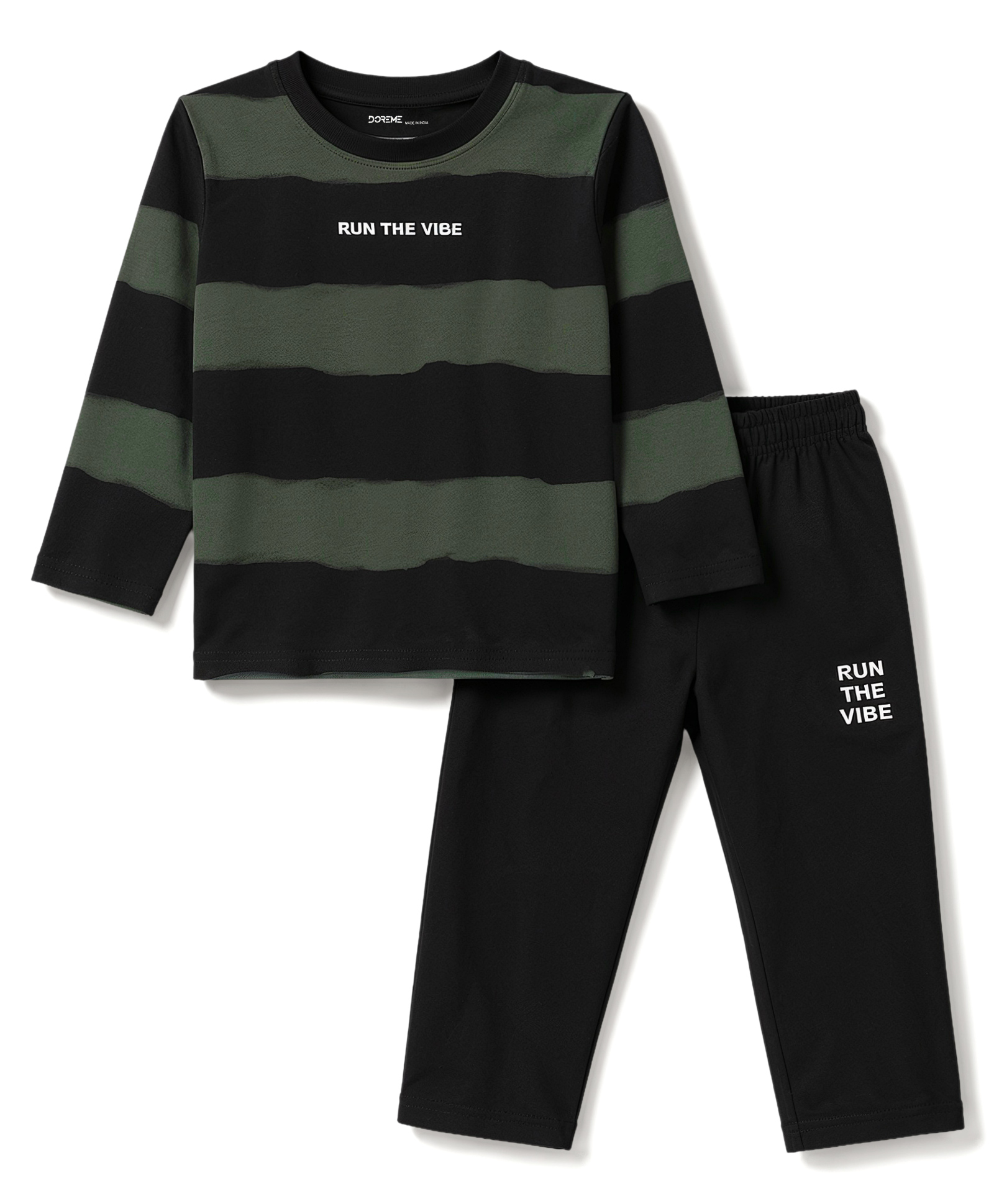 Doreme Terry Knit Full Sleeves Striped & Text Printed T-Shirt & Pant Set - Black & Green-picture-38