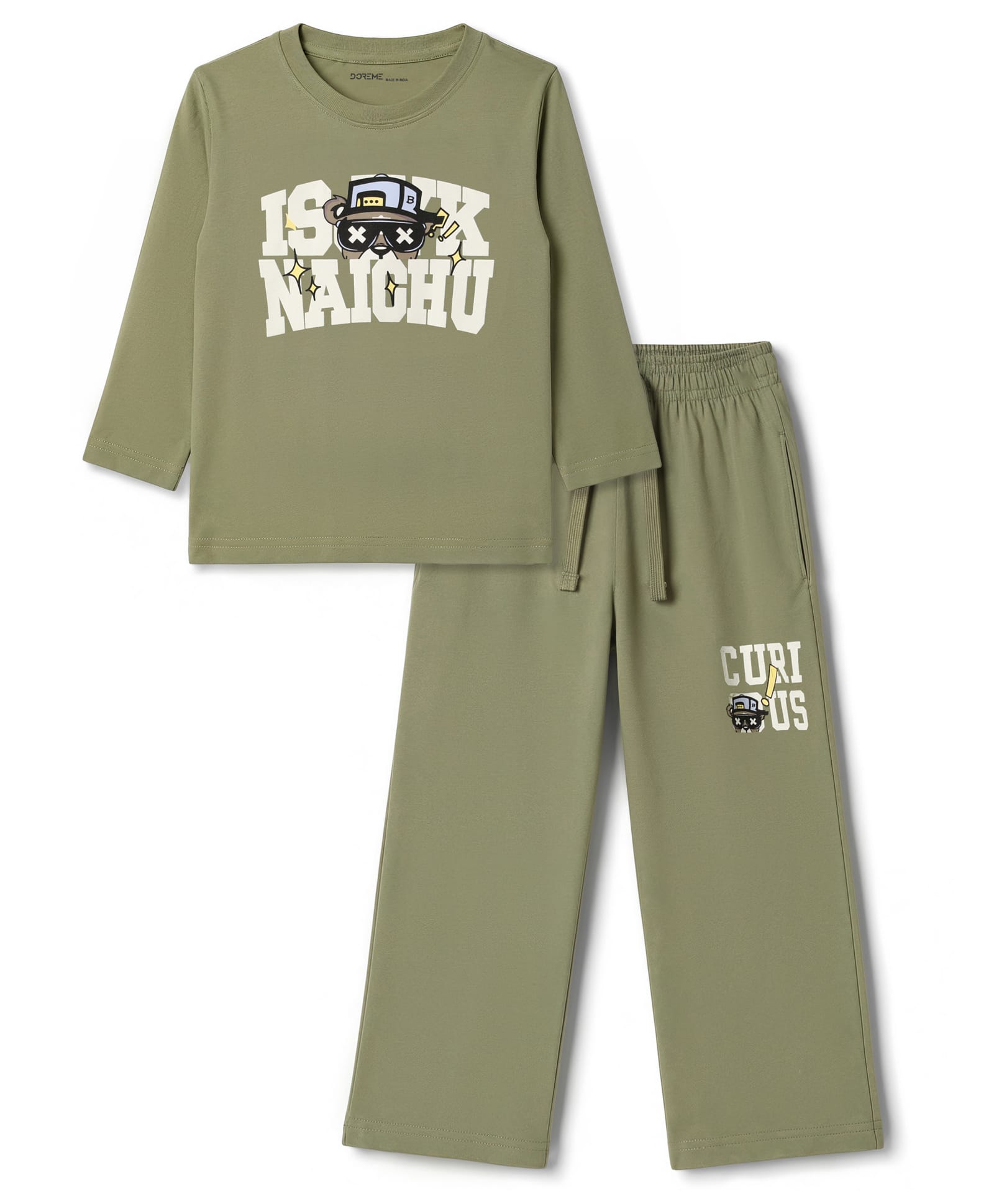 Doreme Terry Knit Full Sleeves Text Printed T-Shirt & Pant Set - Olive Green-picture-23