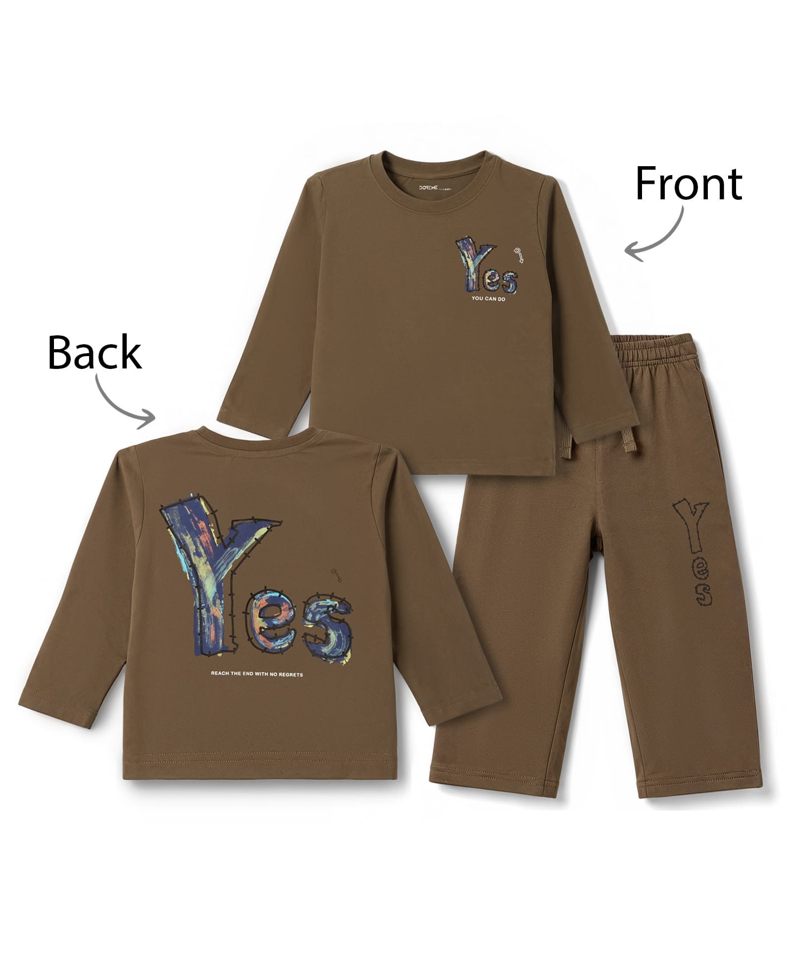 Doreme Terry Knit Full Sleeves Text Printed T-Shirt & Pant Set - Brown-picture-28