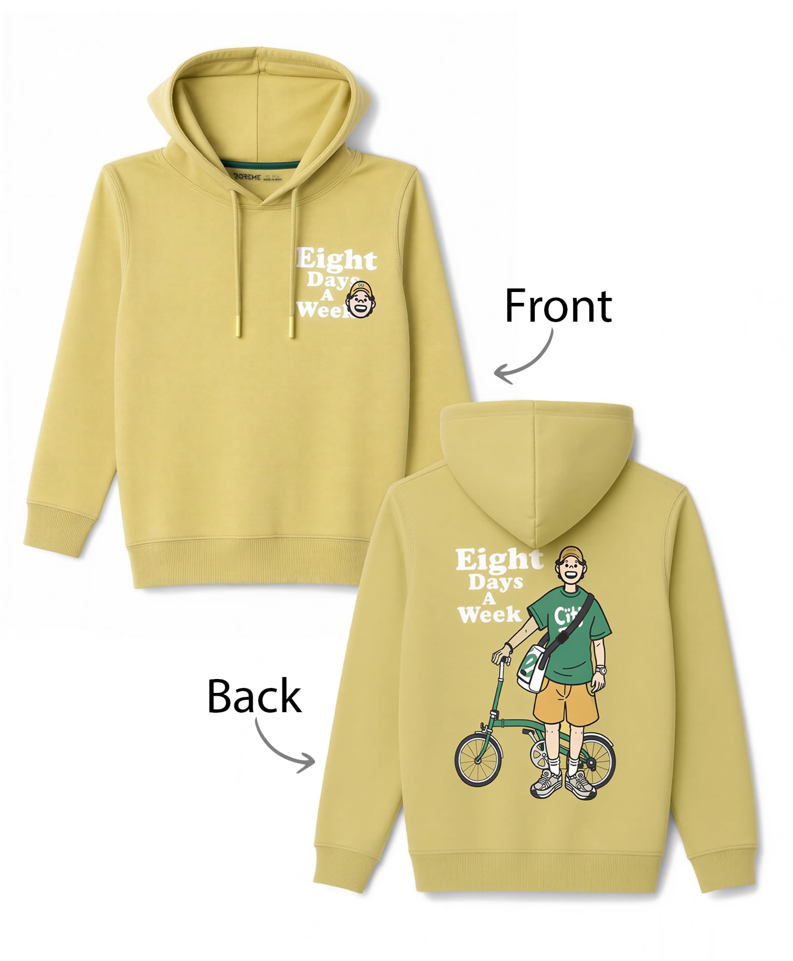 Doreme Terry Knit Full Sleeves Hooded Sweatshirts with Front & Back Text Print - Olive Green-image-9