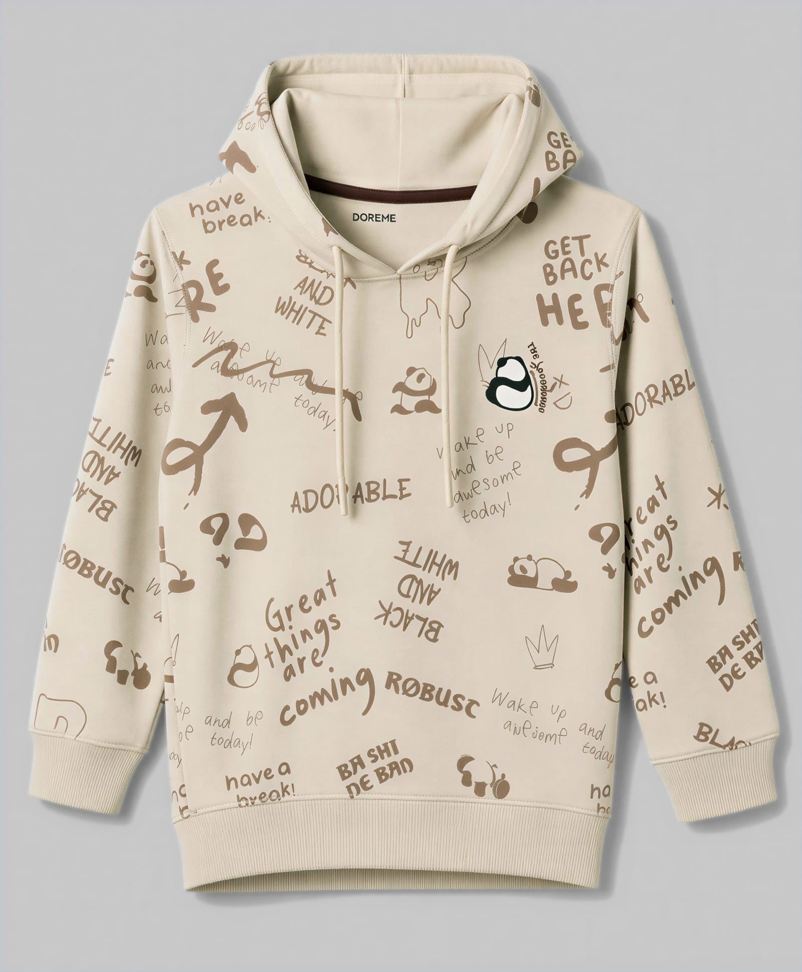 Doreme Terry Knit Full Sleeves Hooded Sweatshirts Panda Print - Beige-picture-28
