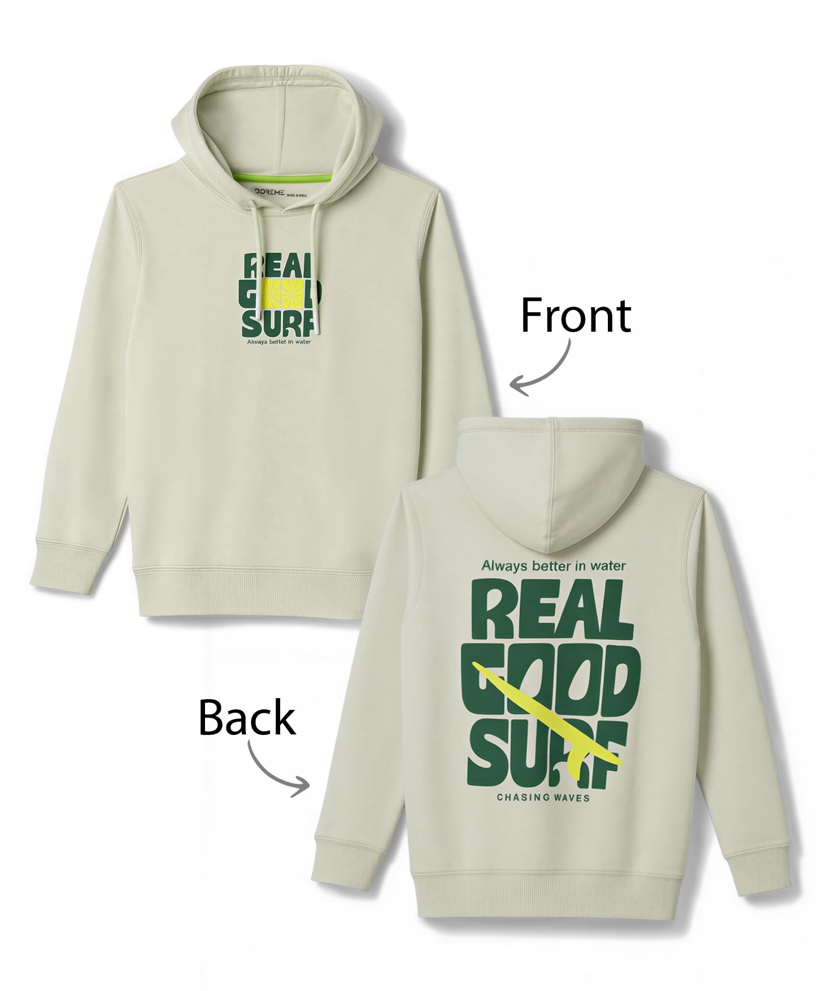 Doreme Terry Knit Full Sleeves Hooded Sweatshirts with Front & Back Text Print - Light Green-picture-17