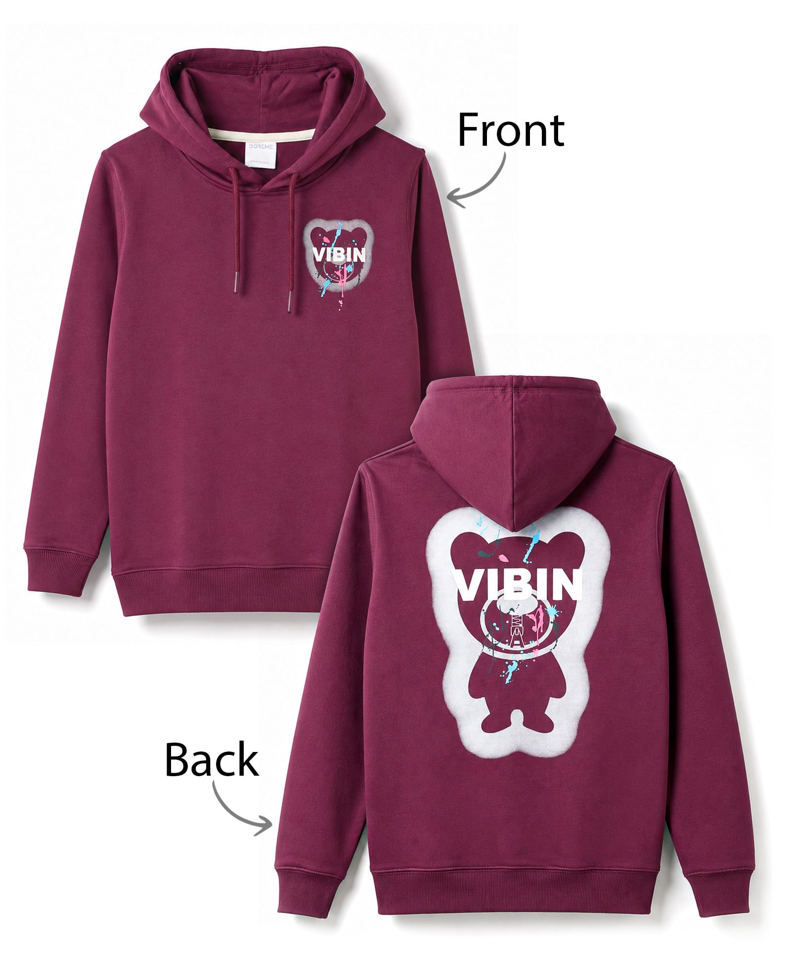 Doreme Terry Knit Full Sleeves Hooded Sweatshirt with Bear Space Graphic Print - Burgandy-picture-38