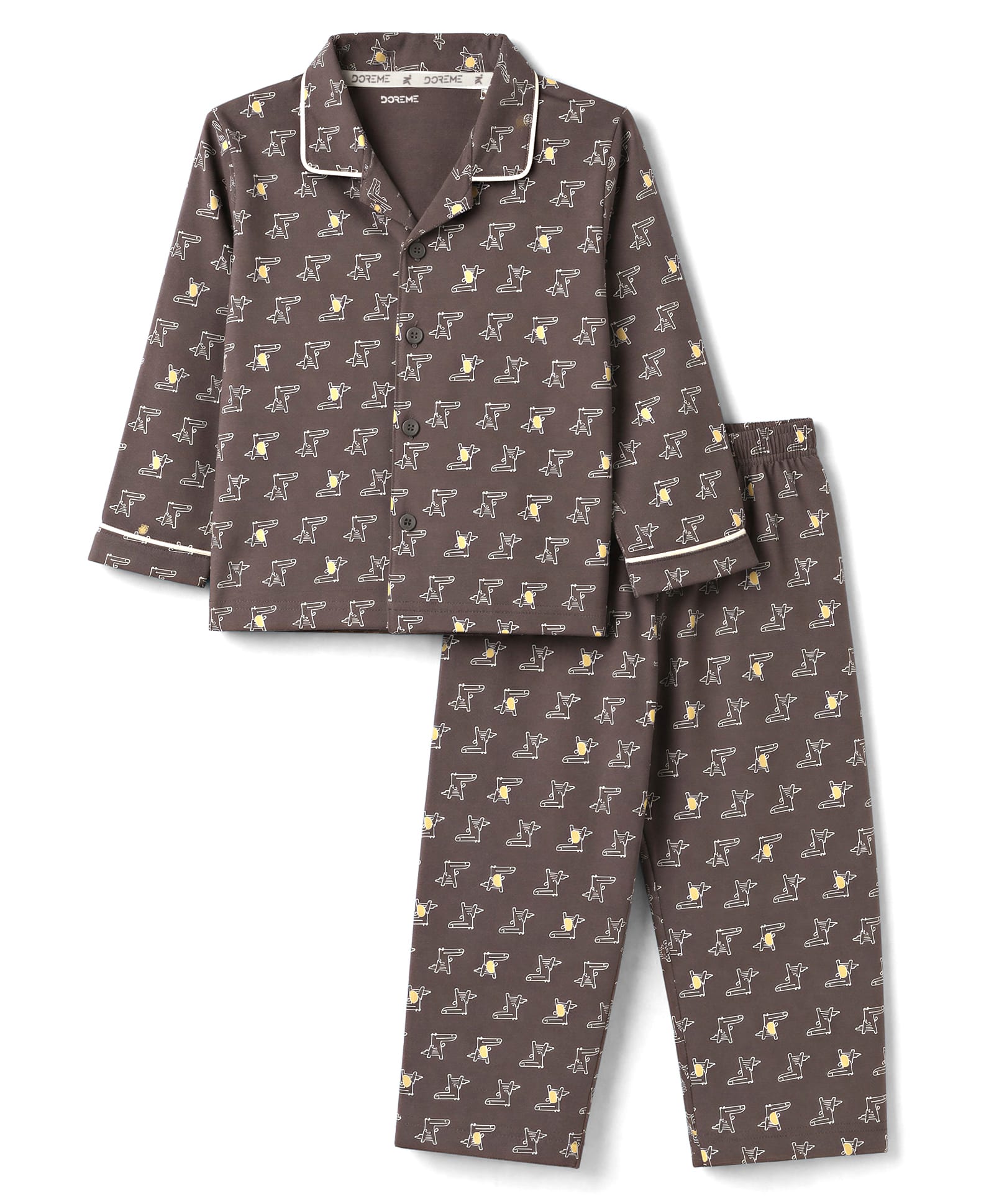 Doreme Single Jersey Knit Full Sleeves Co-Ords Crocodile Printed Shirt & Pajama Night Suit - Grey-image-26