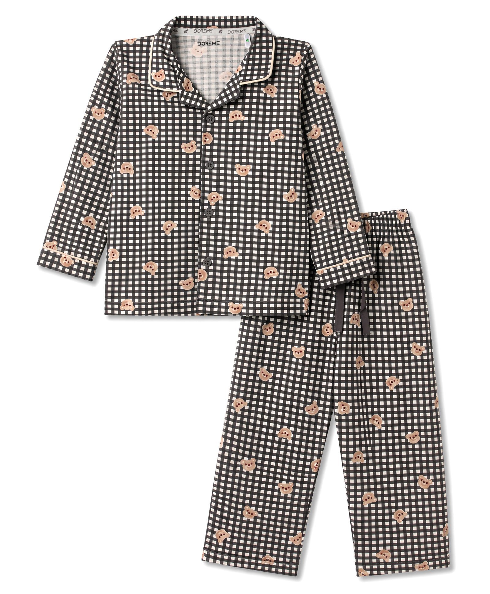 Doreme Single Jersey Knit Full Sleeves Co-Ords Checkered Shirt & Pajama Night Suit with Bear Face Print - Off White & Black-picture-12