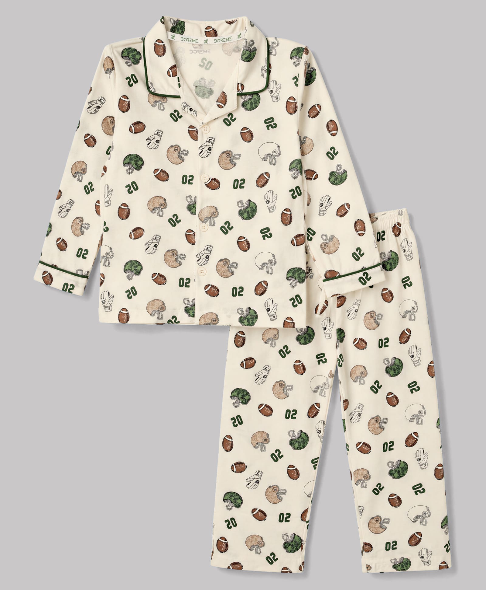 Doreme Single Jersey Knit Full Sleeves Co-Ords Base Ball Printed Shirt & Pajama Night Suit - Cream-image-26