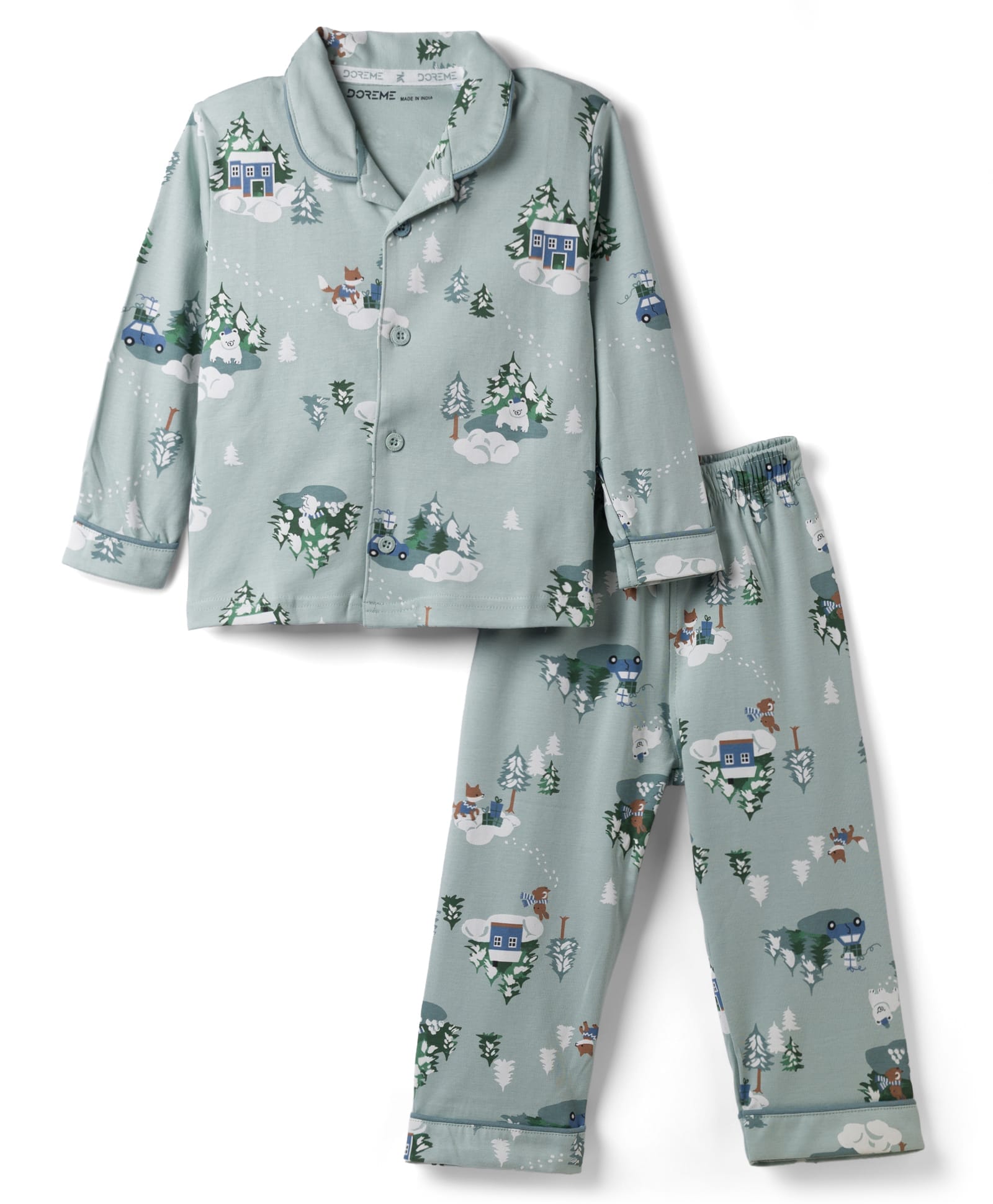 Doreme Single Jersey Knit Full Sleeves Co-Ords Polar Bear Printed Shirt & Pajama Night Suit - Grey-image-42
