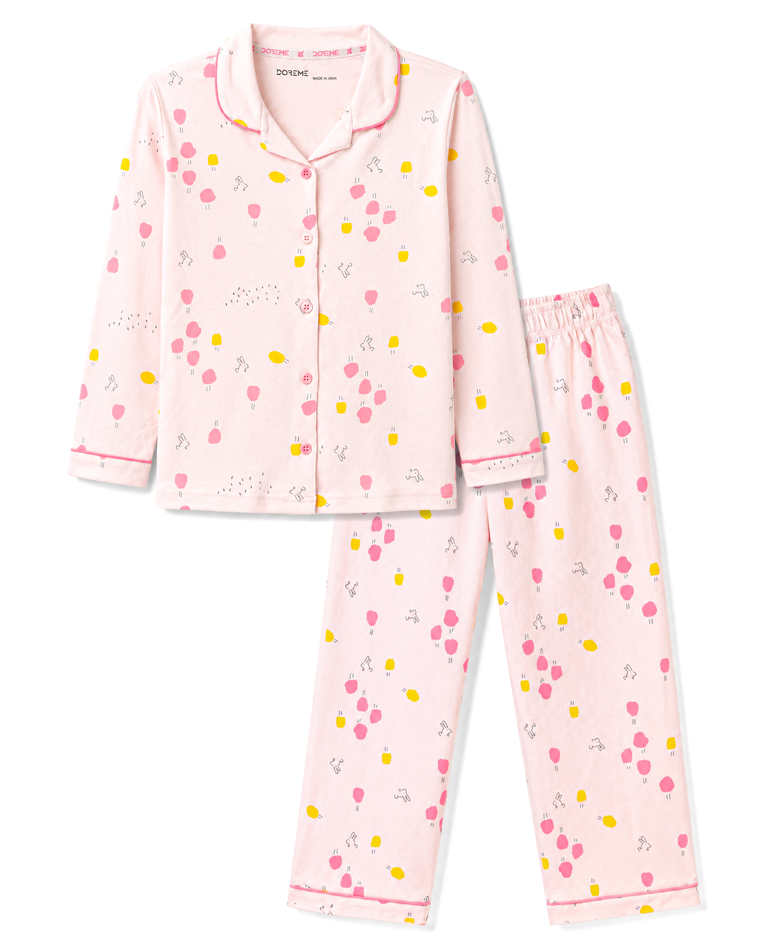 Doreme Single Jersey Knit Full Sleeves Co-Ords Bunny Printed Shirt & Pajama Night Suit - Light Pink-image-7