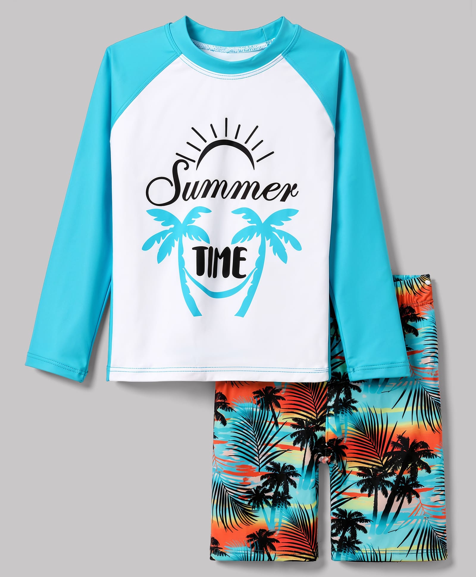 ROVARS Full Raglan Sleeves Two Piece Swimsuit with Summer Time Print - Sky Blue-picture-37