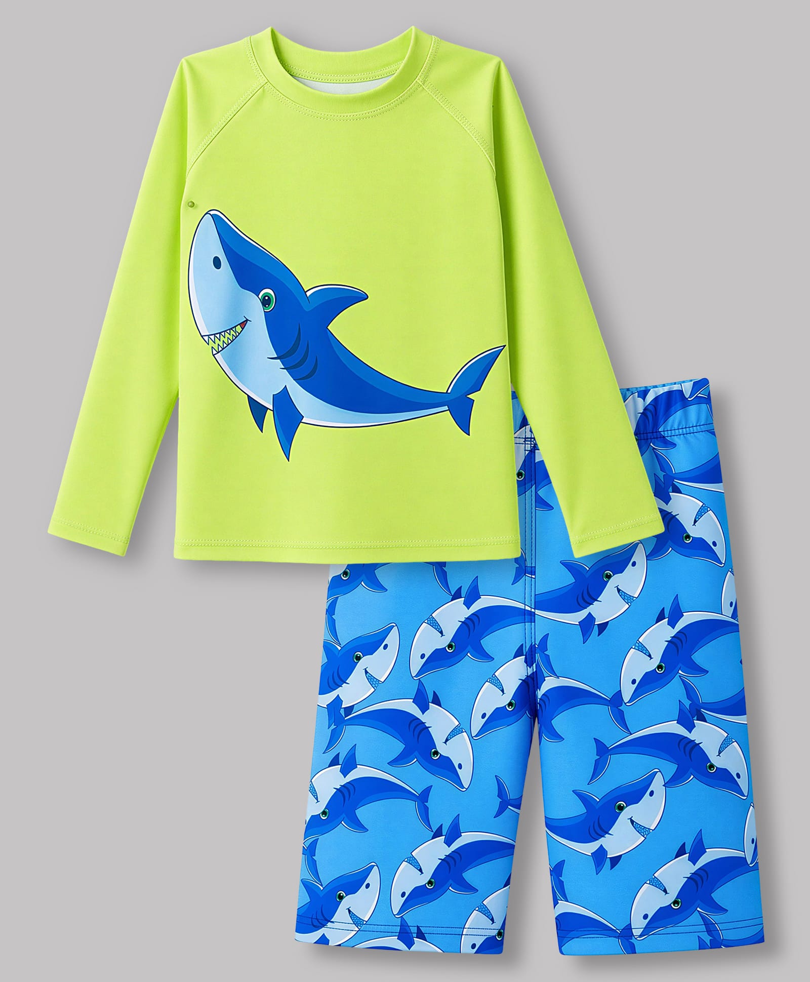 ROVARS Full Sleeves Two Piece Swimsuit with Shark Print - Lime Green-picture-31