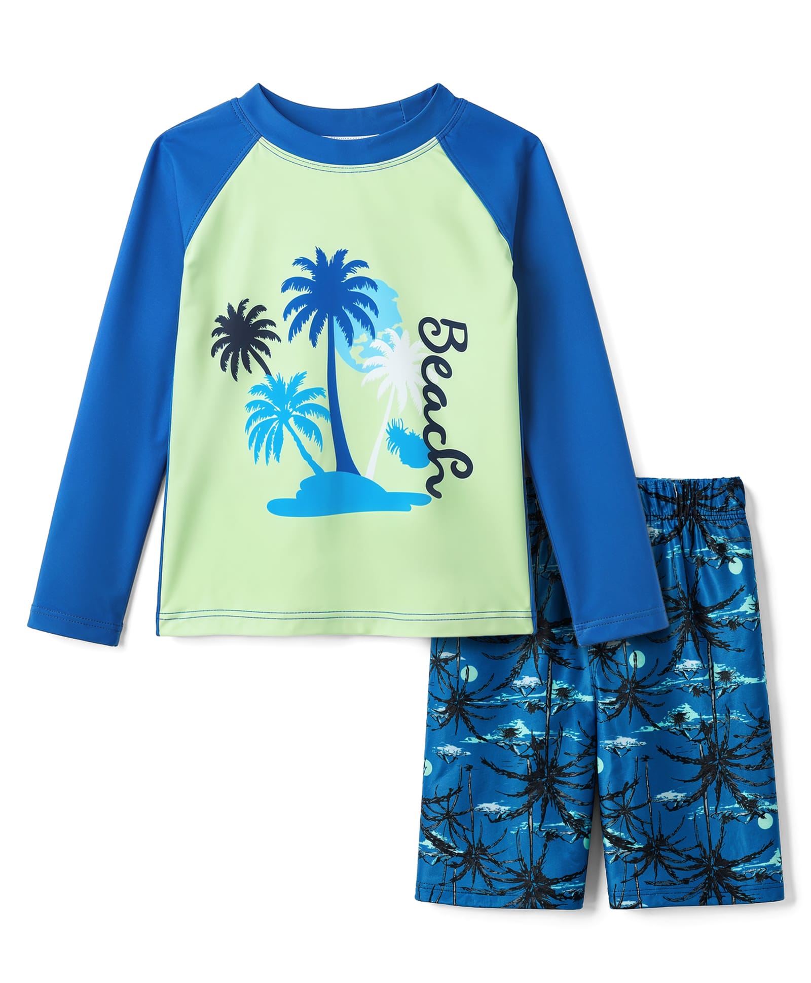 ROVARS Full Raglan Sleeves Two Piece Swimsuit with Beach Print -Sea Green-picture-35