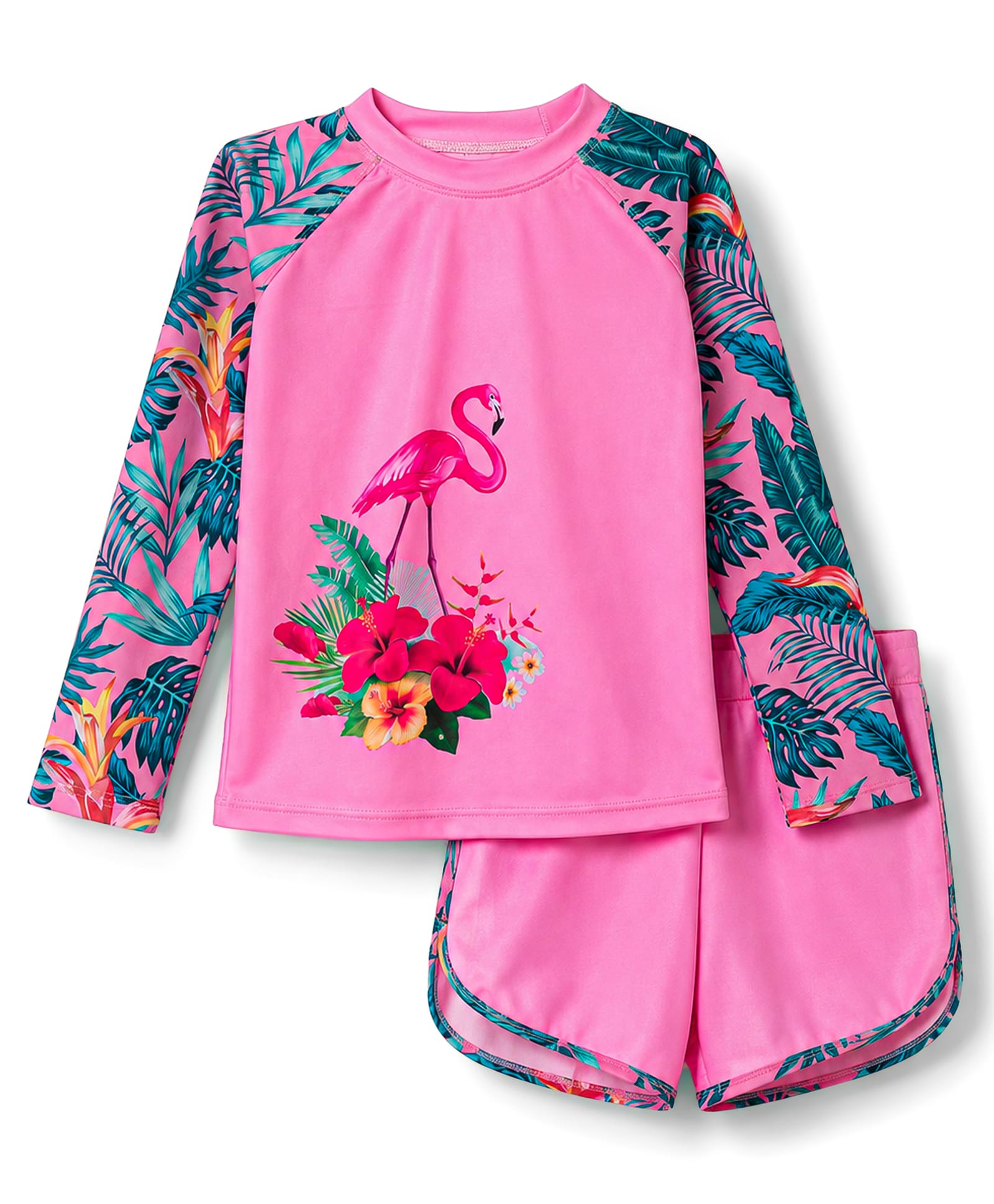 ROVARS Raglan Full Sleeves Birds & Floral Printed Two Piece Swimsuit - Pink-picture-39