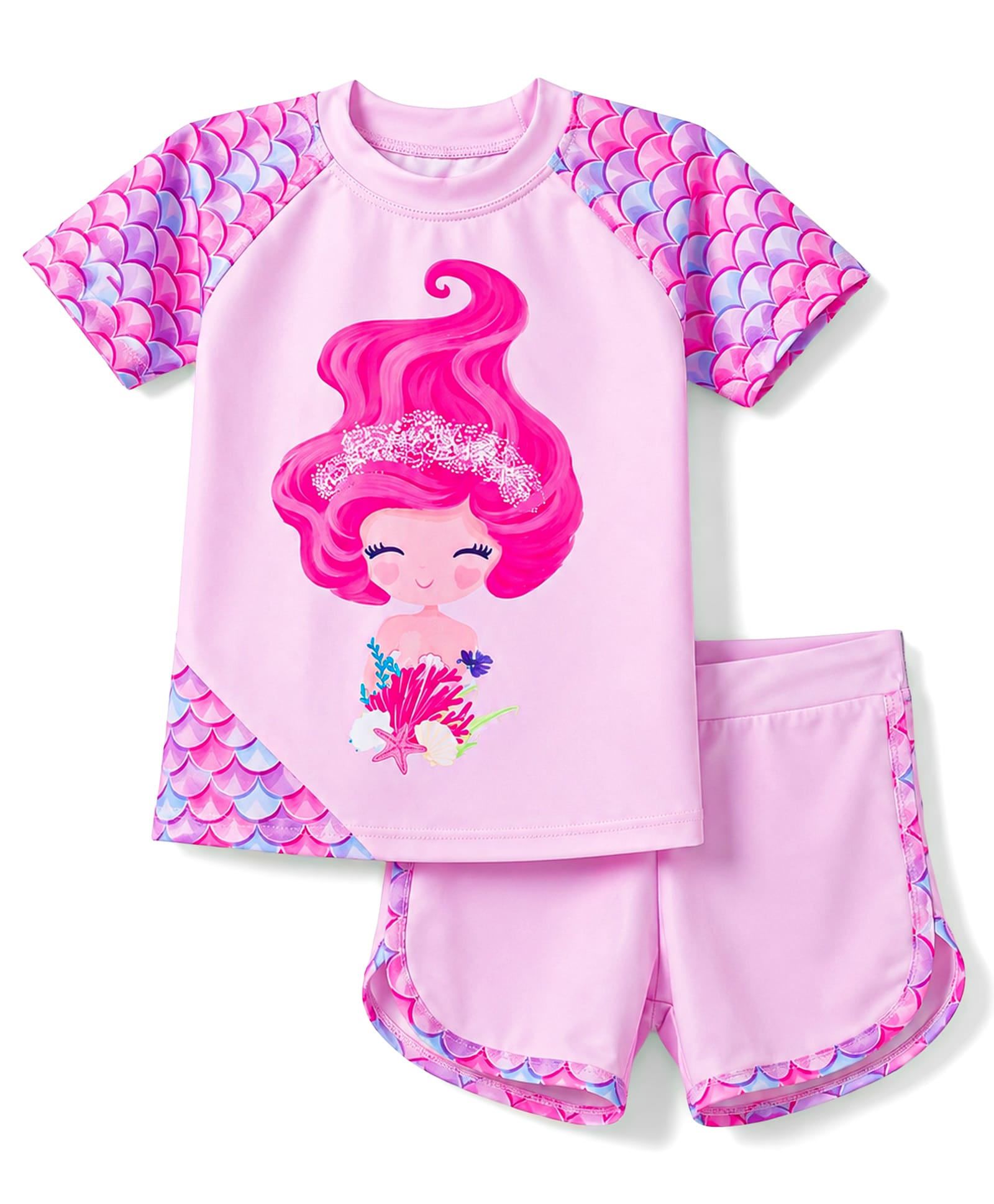ROVARS Half Raglan Sleeves Mermaid Printed Two Piece Swimsuit - Light Pink-image-32