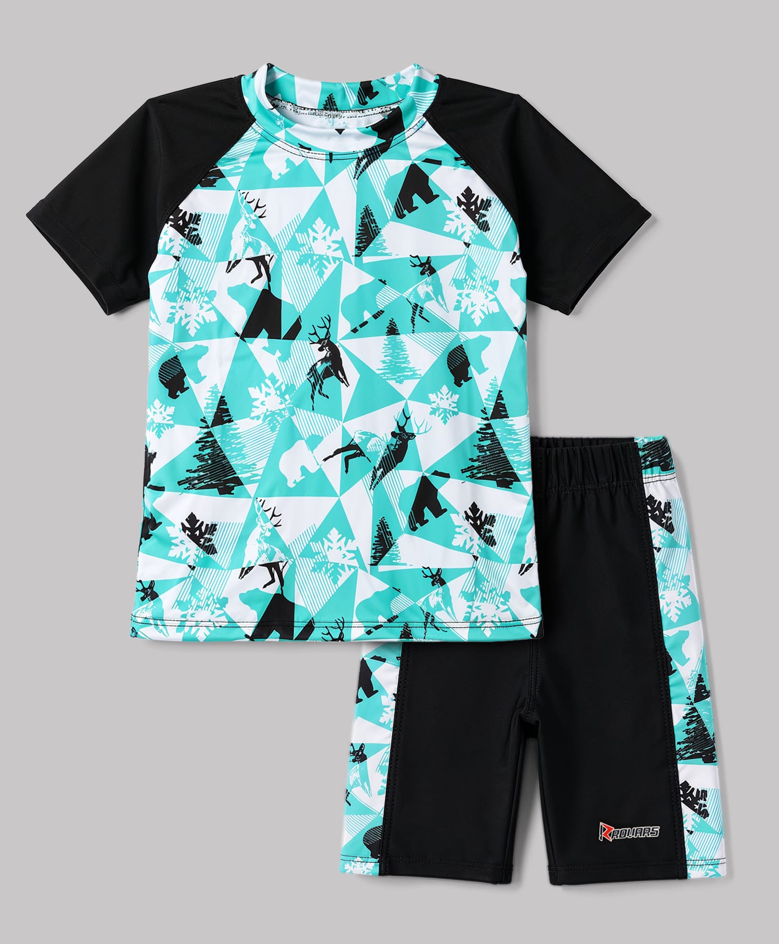 ROVARS Half Raglan Sleeves Two Piece Swimsuit with Reindeer Print - Sea Green-image-19