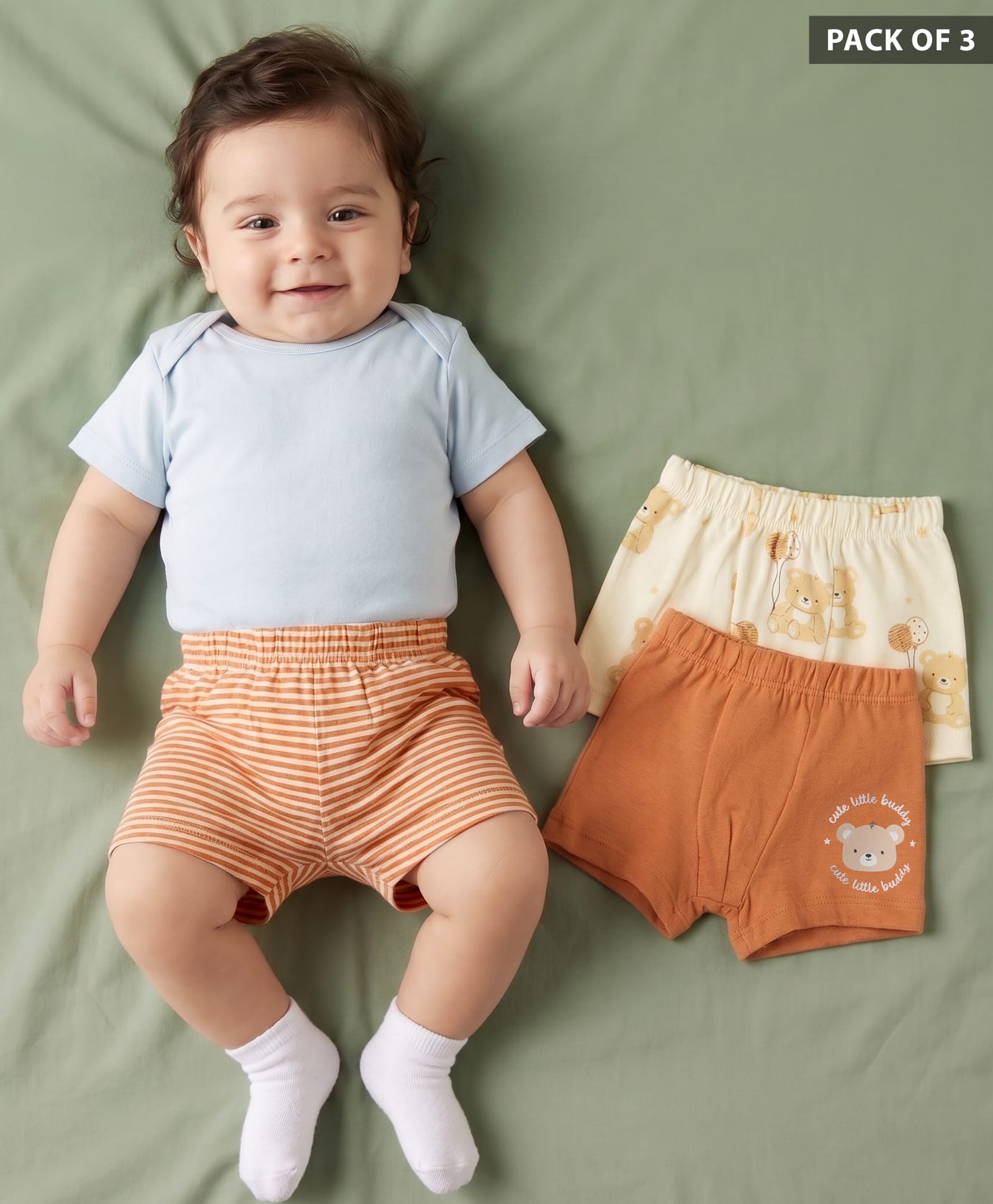 Babyhug 100% Cotton Single Jersey Knit Antibacterial Striped Trunks With Teddy Print Pack of 3 - OffWhite, Orange & Rust Orange-image-19