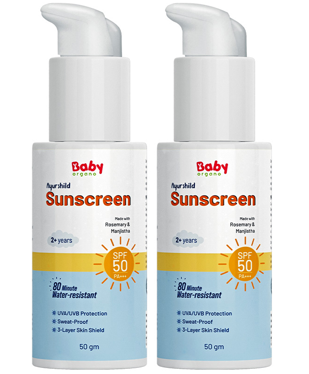 BabyOrgano Ayurshild Kids Sunscreen SPF 50 PA+++ | Ayurvedic | Water Resistant | UVA/UVB Protection | Rosemary & Manjistha | 2+ Years | 50g (Pack of 2)-image-31