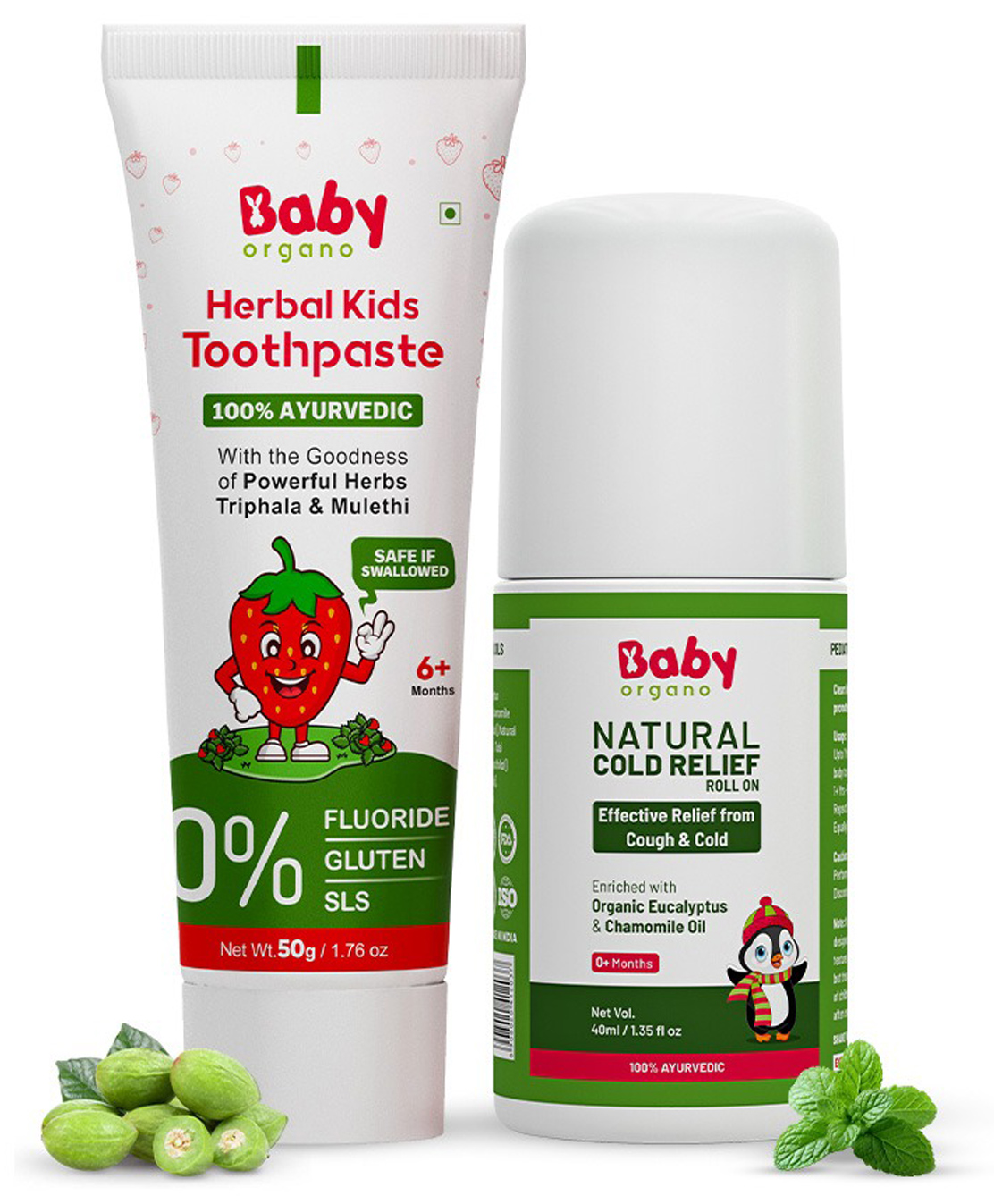 BabyOrgano Toothpaste & Cold Relief Roll On Combo | Herbal Strawberry Toothpaste + Natural Cold Relief Roll On | Ayurvedic | Fluoride-Free | 50 g + 40 ml-image-3