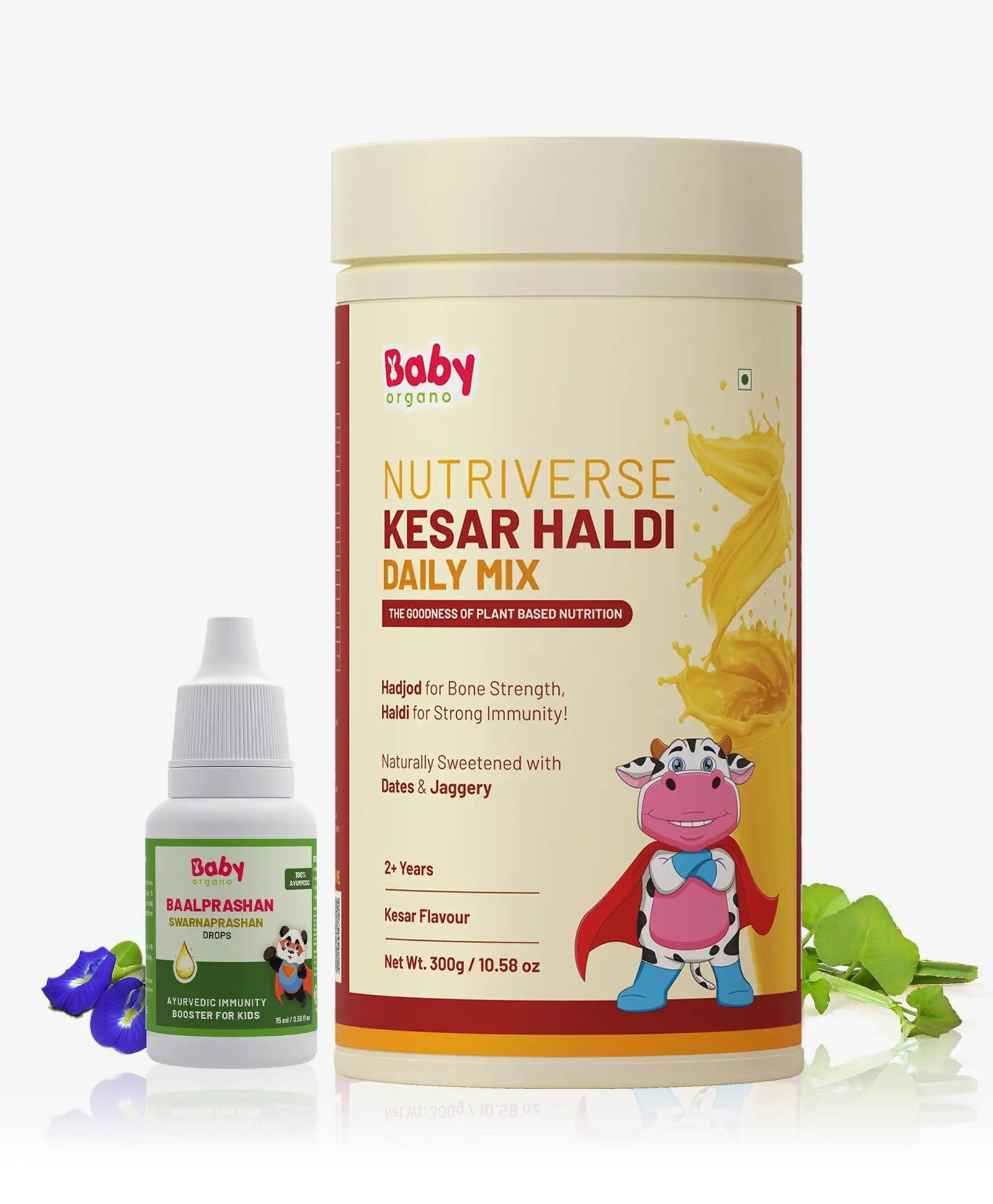 BabyOrgano Nutriverse Kesar Haldi Milk Mix 300g for 2-6 Years Kids & BaalPrashan Swarnprashan Immunity Booster drops Combo Pack 24CT Gold Infuse,Growth & Strength 100% Ayurvedic 15ml-image-8